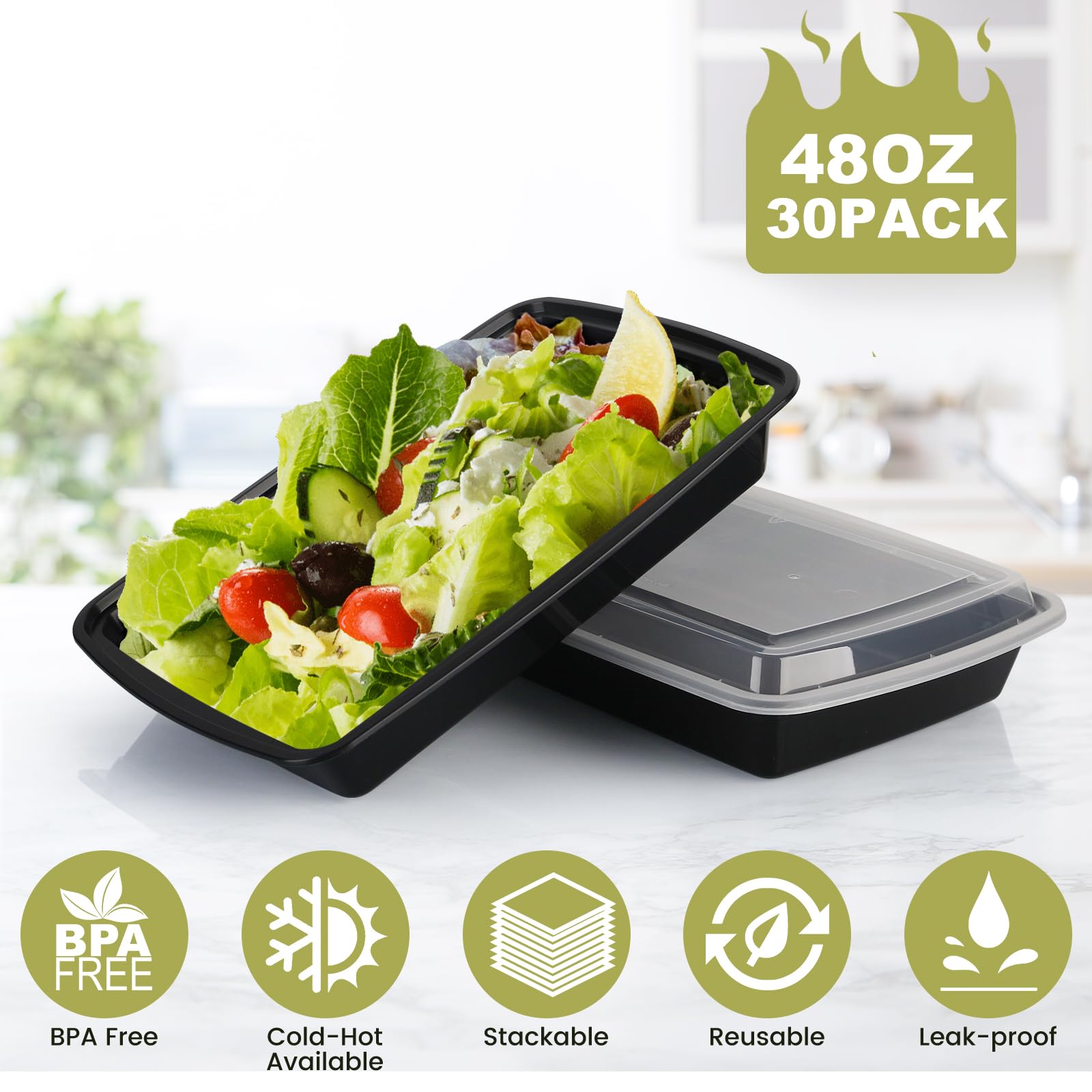 Meal Prep Containers Reusable - 48oz Food Storage Containers with Lids 30 Pack, to Go Food Containers for Meal Prep, Disposable to Go Containers with Lids, BPA Free, Microwave/Dishwasher/Freezer Safe
