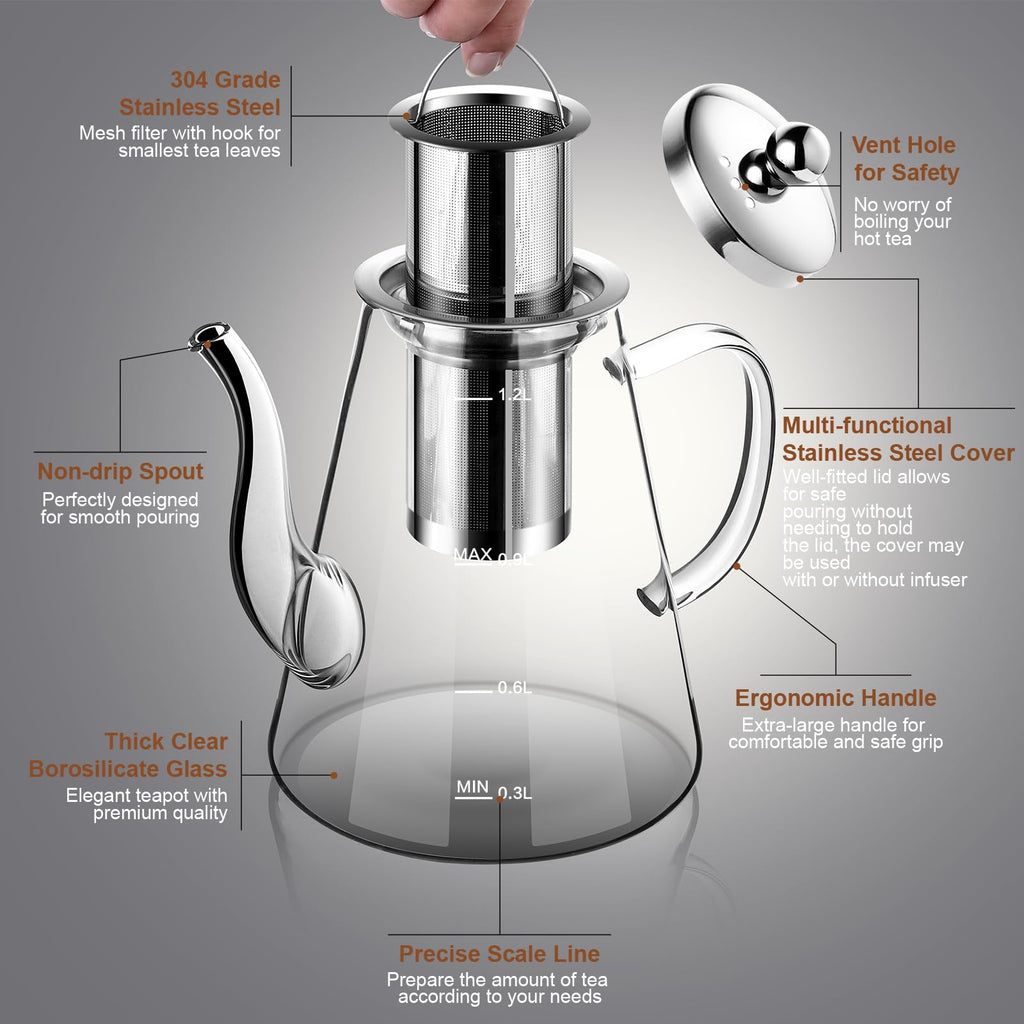 Glass Teapot, Zpose 1200ml Teapot with Removable Loose Tea Infuser, Clear Borosilicate Glass Tea Pot with Scale Line, Tea Pots Set for Loose Leaf Tea and Blooming Tea, Gift Box for Tea Maker