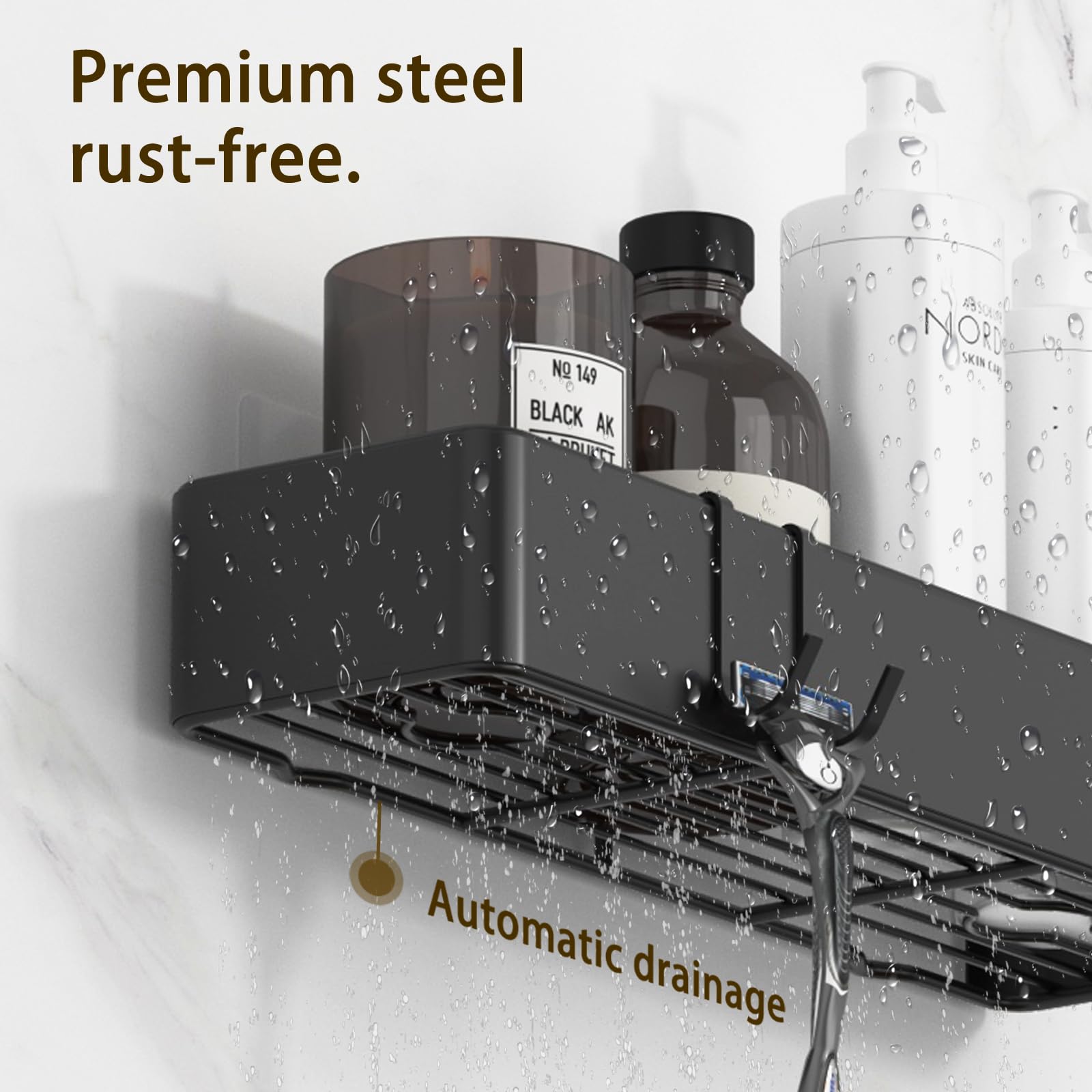 Gabeeriso Large Shower Caddy Bathroom Organizers and Shelves, No Drill Bathroom Shelf, Adhesive Rust Proof Shower Rack with Removable Hooks, Wall-Mounted Shower Holder, 40.5 x 12 x 6 cm, Black