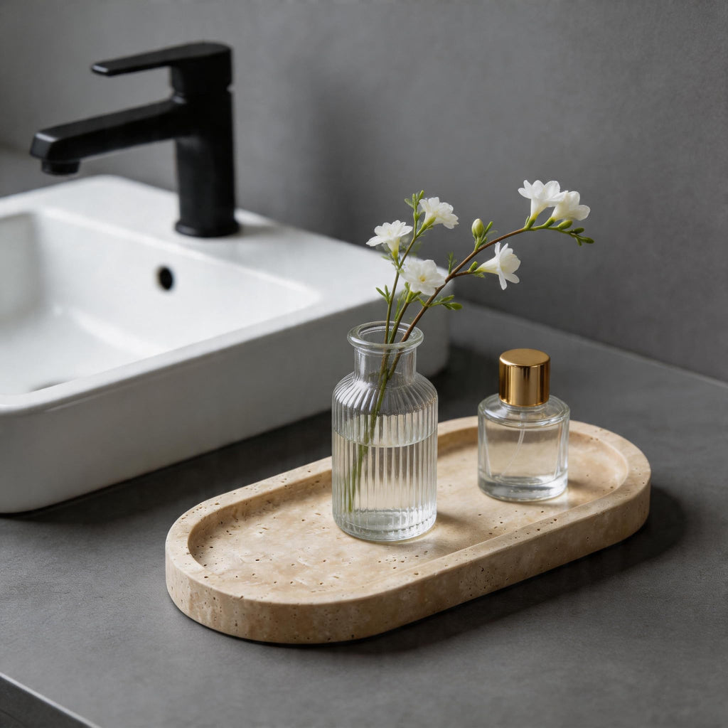 WORHE Italy Natural Travertine Stone Tray for Jewelry, Candles, Perfume, Trinket, Marble Oval Vanity Trays for Bathroom, Dresser, Kitchen, Countertop Storage Organizer Home Decor Beige (WH028)