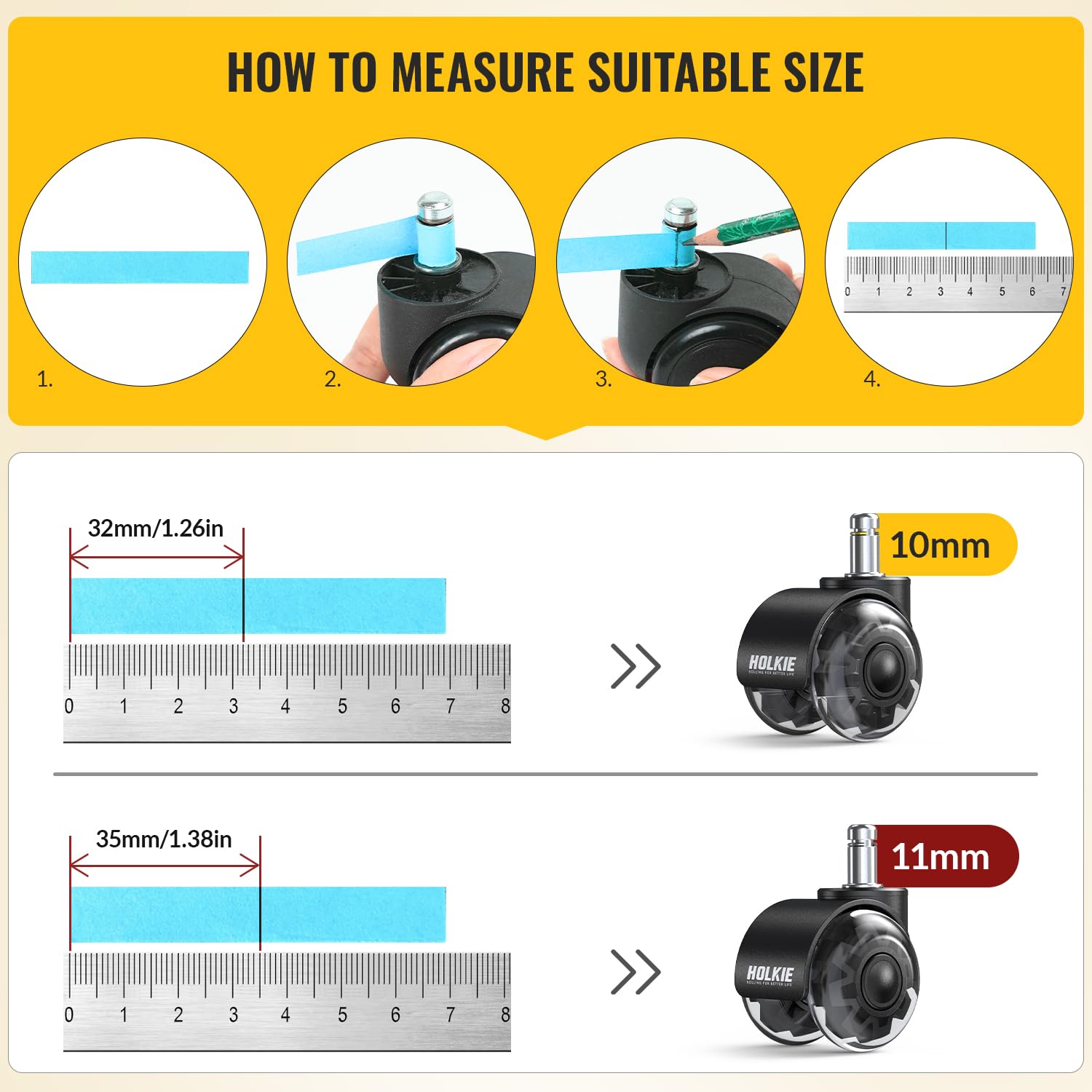HOLKIE Office Chair Wheels Replacement 11x22mm Universal Fit 2 Inch Casters, Grey Dual Rubber Smooth & Quiet Rolling Desk Wheels-Set of 5 for Hardwood Floors & Carpet Computer Gaming Chair Wheels