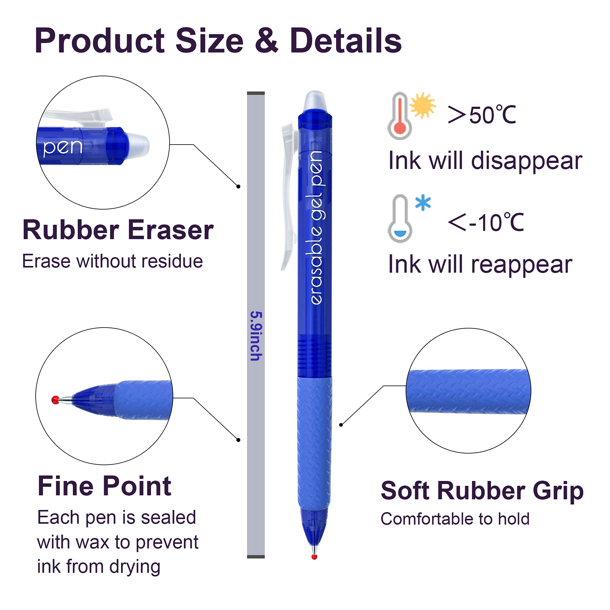 Lineon Erasable Gel Pens, 15 Pack Blue Retractable Erasable Pens Clicker, Fine Point, Make Mistakes Disappear, Blue Ink for Writing Planner and Crossword Puzzles
