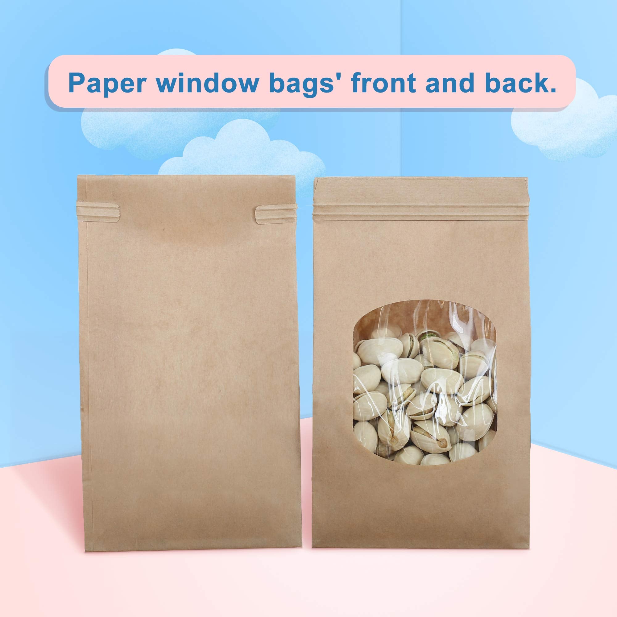 BagDream Cookie Bags 50Pcs 3.54x2.36x6.7 Inches Brown Kraft Paper Bags with Window Tin Tie Tab Lock Recyclable Treat Bags for Coffee Bean Bread Muffin Popcorn Party Wedding