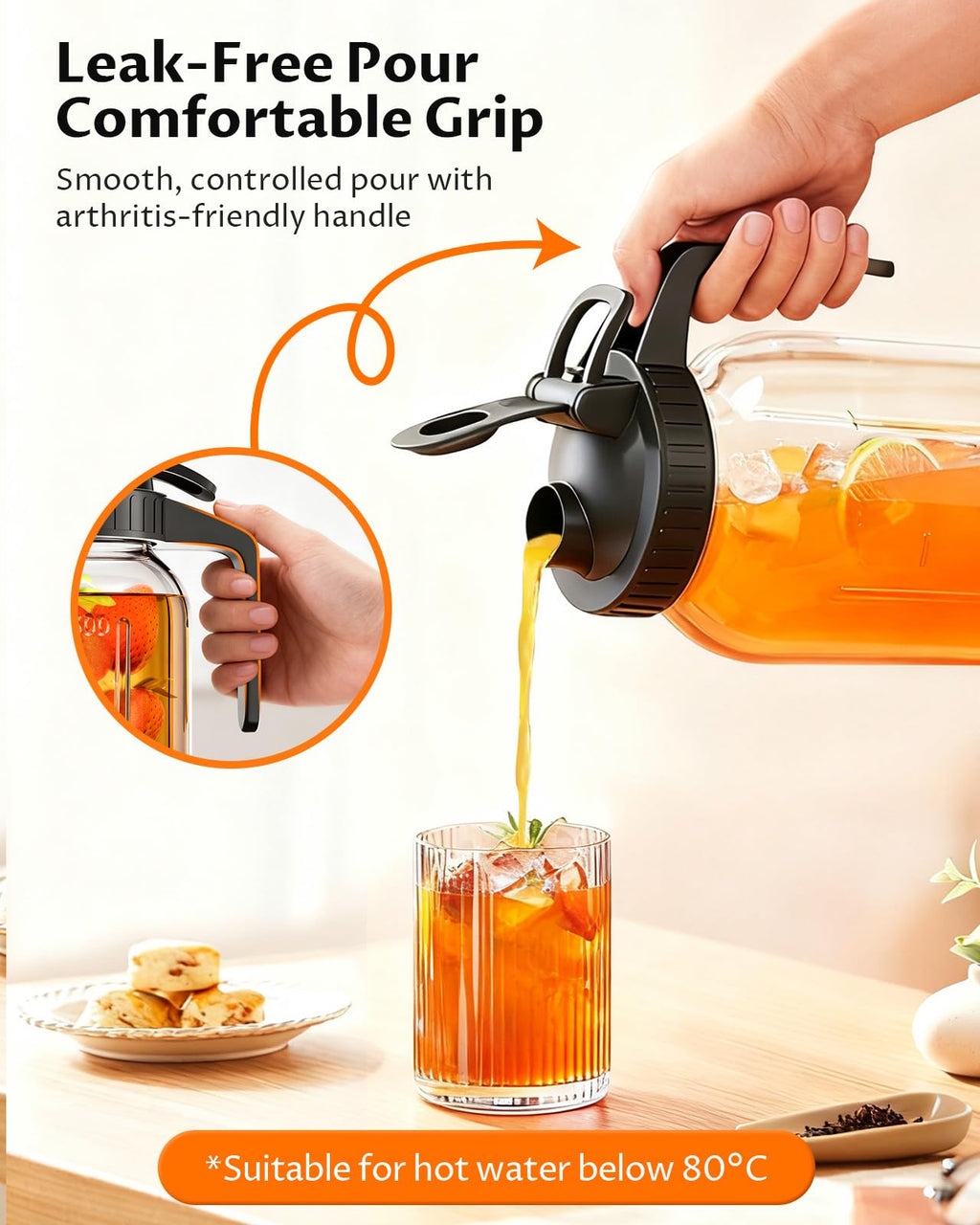 VA1KENE 64oz Glass Pitcher with Lid and Handle – Mason Jar Style Water Jug with Spout, Wide Mouth Glass Pitcher for Sun Tea, Juice, Breast Milk, Cold Brew & More