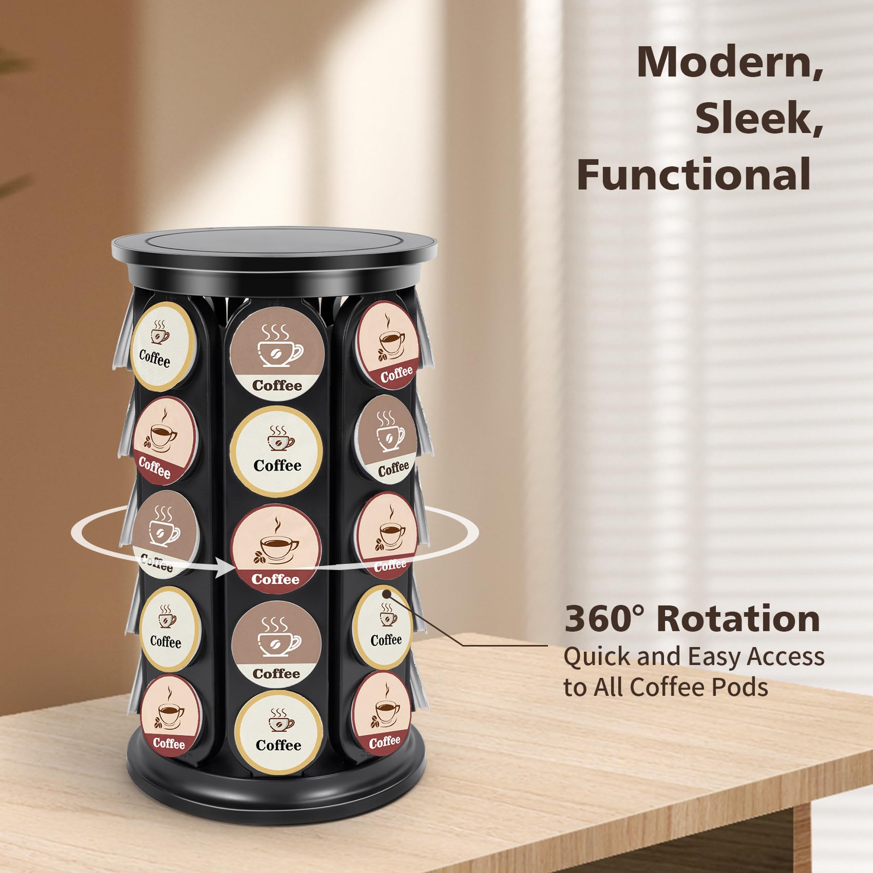 SAVORLIVING Coffee Pod Carousel Compatible with K-Cup Pods, K Cup Holder Holds 40 Coffee Capsule, New Modern Design for Kitchen Office Countertop or Coffees Station Organizer, Detachable (Black)