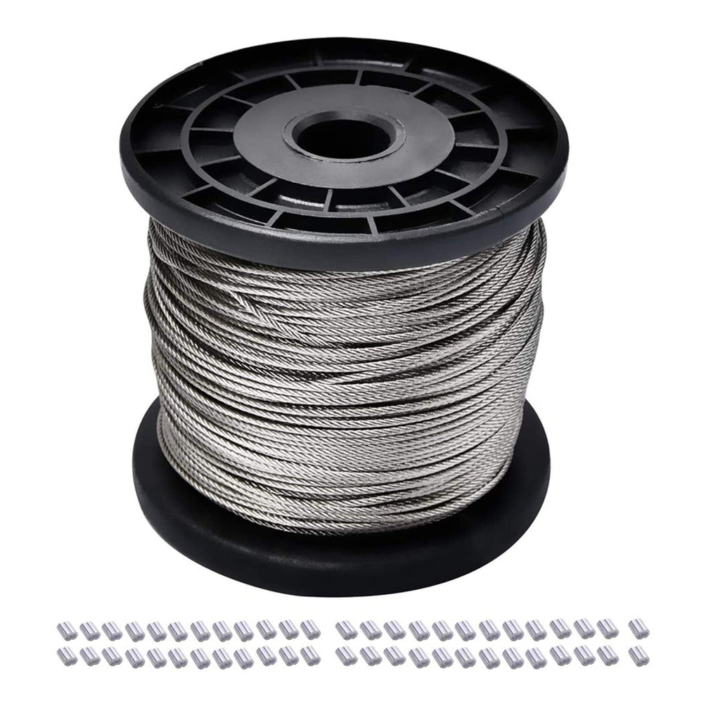 Little World 1/16 Wire Rope, 304 Stainless Steel Wire Cable, 7x7 Strand Core, 328FT Length Aircraft Cable, 368 lbs Breaking Strength with 100 Pcs Aluminum Crimping Sleeves