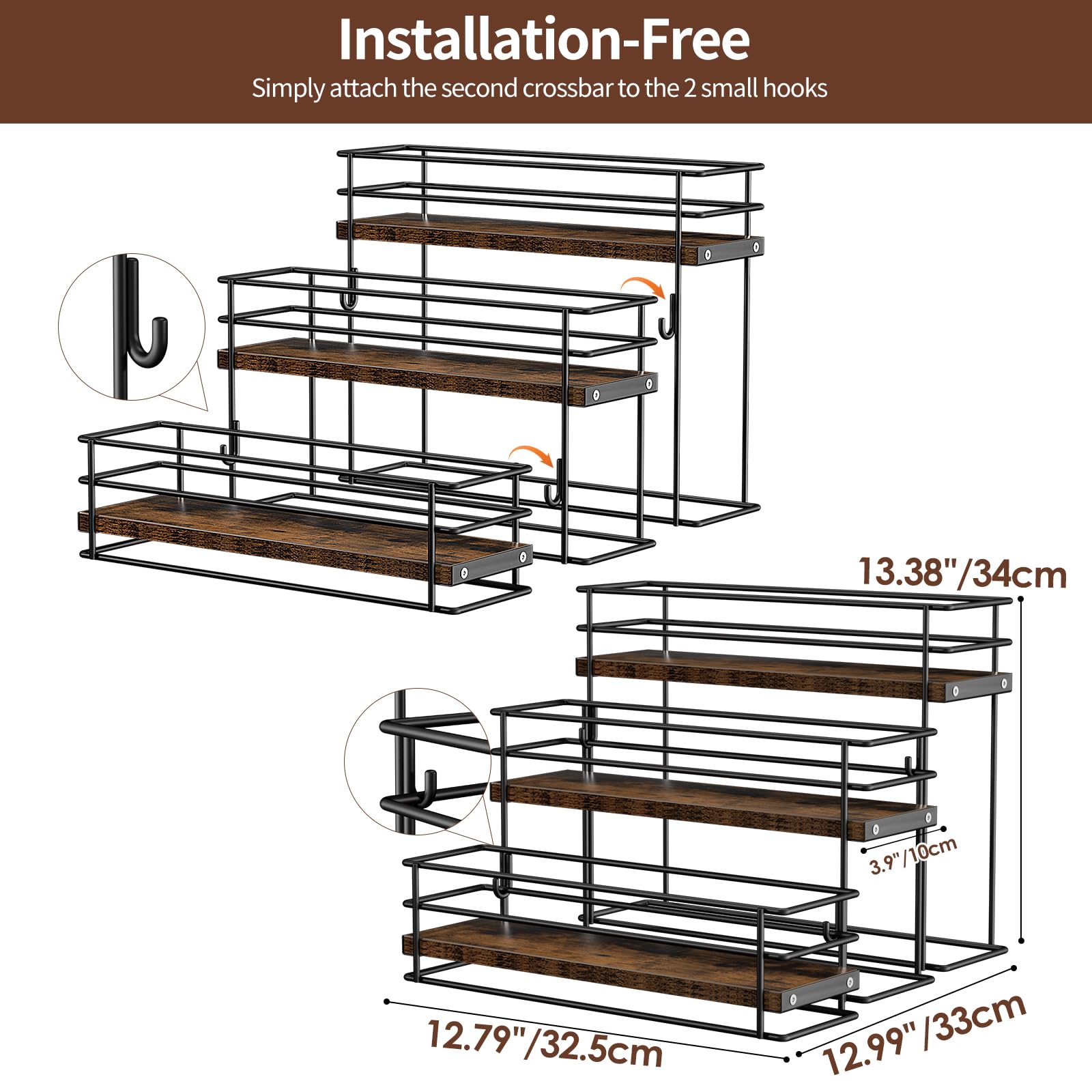 Nuovoware Coffee Syrup Organizer, 3-Tier 12 Bottles Separable Metal Rack with Wooden Base Whiskey Wine Dressing for Countertop Kitchen Bar, Black