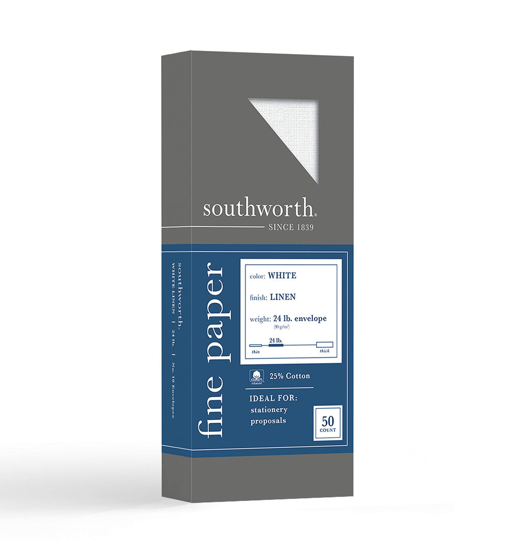 Southworth 25% Cotton #10 Linen Envelopes, White, 24 Pounds, 50 Count (P554-10)