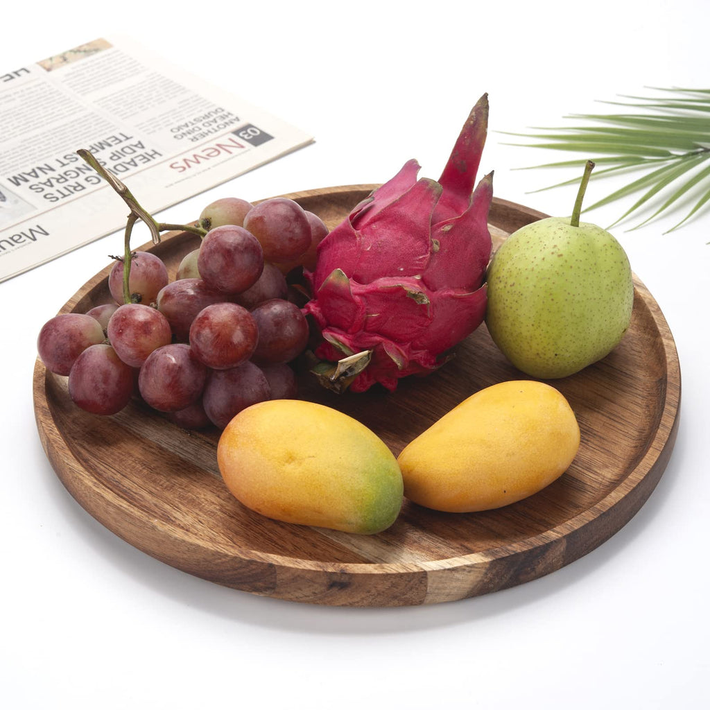 YANGQIHOME Acacia Wood Serving Tray, Round Wooden Platter for Food, Snack, Bread, Cheese, 35 cm Kitchen Serving Tray