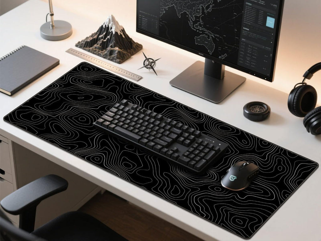 Rinaze Large Mouse Pad Desk Mat with Black Topographic, Anti-Slip Keyboard Pad with Multifunctional, Comfortable Gaming Mousepad, Office Desk Accessories for Computer, Home and Gaming