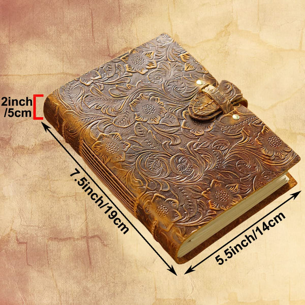 Acidea Leather Journal Notebook, 200 Sheets(400Pages) Embossed Antique Handmade Kraft Diary, Classic Premium Notepad Lined Sketchbook, Great Gift for Writer and Traveler(Vintage Brown, 7.5'' x 5.5'')