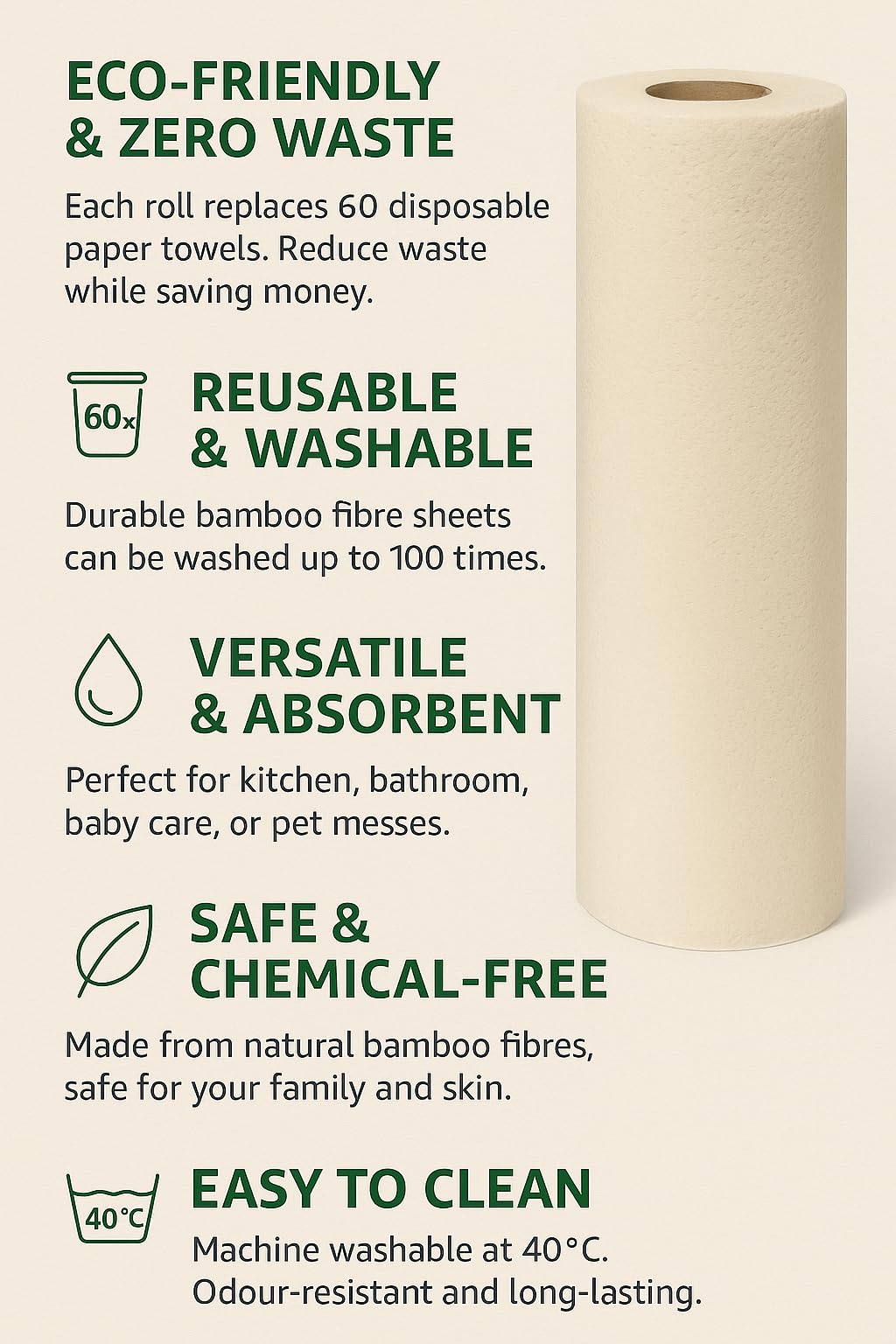 Reusable Bamboo Paper Towel Roll – 20 Sheets – Eco-Friendly, Washable, Zero-Waste – Replaces 60 Paper Towel Rolls