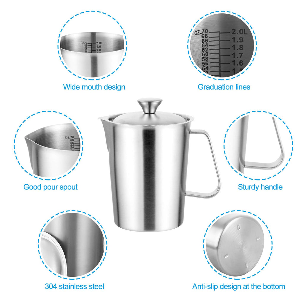 Acrux7 Stainless Steel Measuring Cups with Lids, 8 Cup (2000ml) Metal Measuring Cup, Stainless Steel Pitcher with Lid, Marking and Handle, 64oz