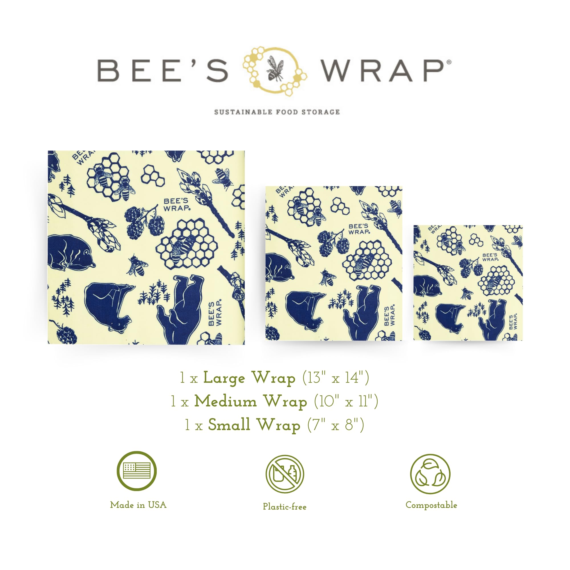 Bee's Wrap Beeswax Wraps for Food - 3 Pack of Assorted Beeswax Wraps - Small, Medium & Large Wrap - Made in USA Reusable Natural Food Wrap - Bees & Bears Print