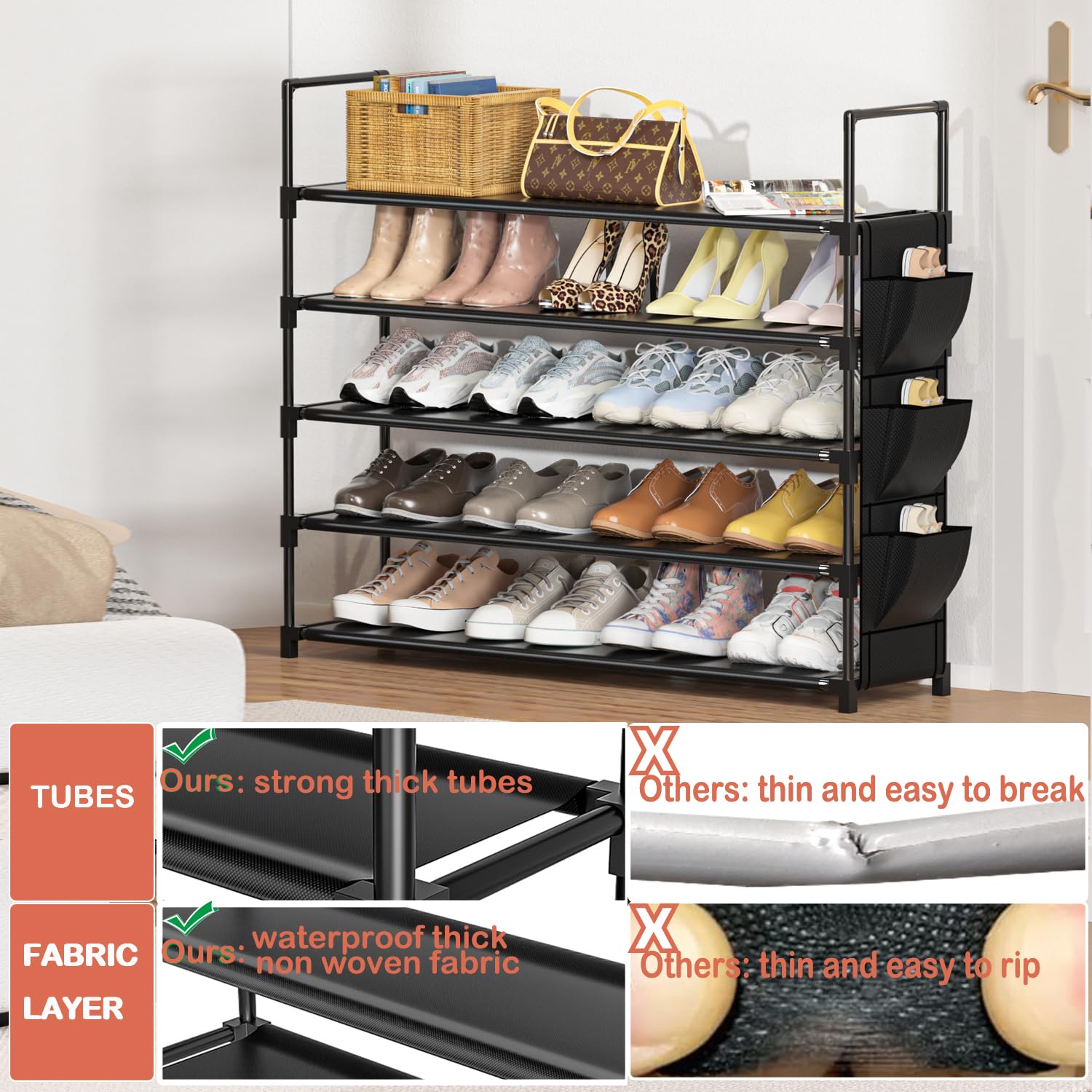 Shoe Rack 5 Tier Shoe Organizer Shoe Storage 20-25 Pairs for Closet Entryway Shoes Holder Space Saving Tall Shoes Shelf for Bedroom Garage Door