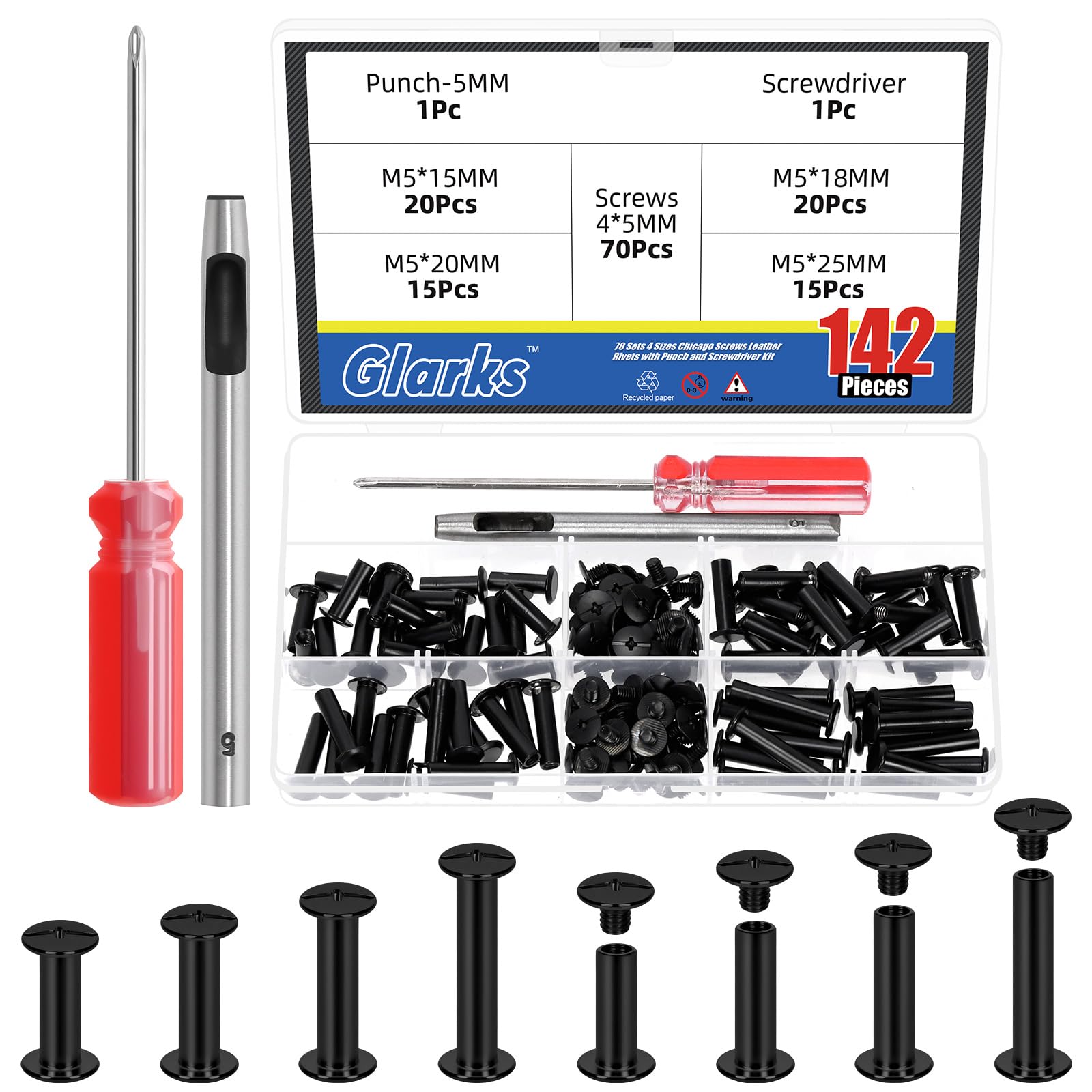 Glarks 70 Sets M5 x 15/18/20/25mm Black Chicago Screws Kit, Includes 70pcs Chicago Binding Screws, 1pcs Punch, 1pcs Screwdriver, Chicagos Button Binding Post Screw Nail Rivets