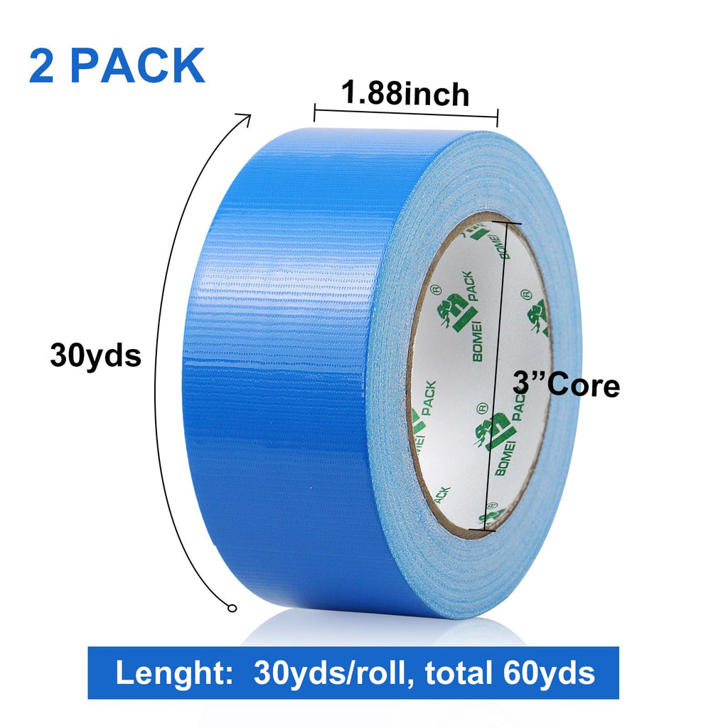 BOMEI PACK Blue Duct Tape Waterproof, Strong Tape Grips 2Rolls 9Mil x1.88inch x 30yds, Residue Free for Crafts and Repair