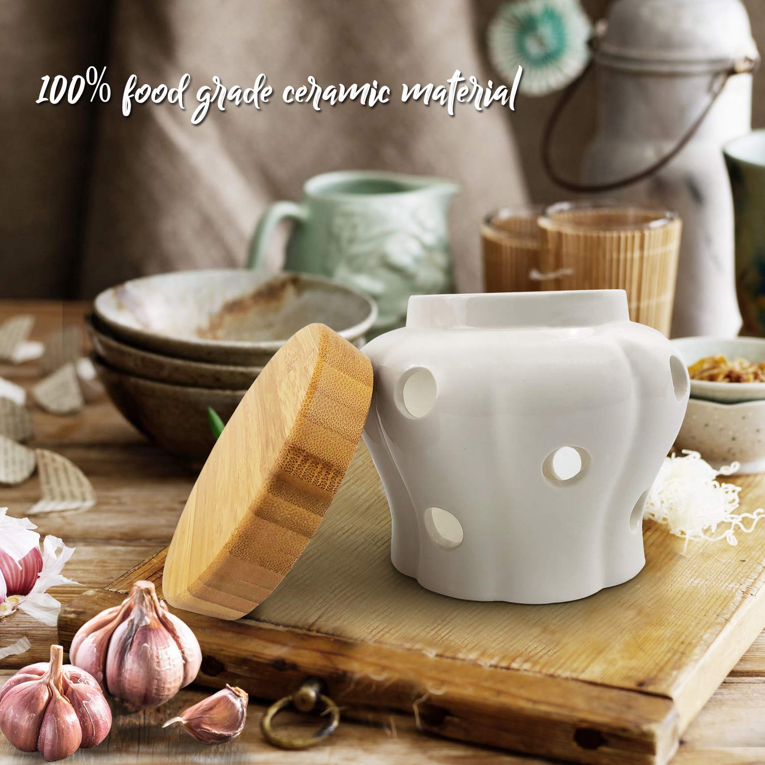 MAYMII·HOME 550ml 4.3x4.3x3.6(In) White Garlic Ginger Keeper Vented Ceramic Storage Container White Stoneware with Bamboo Lid