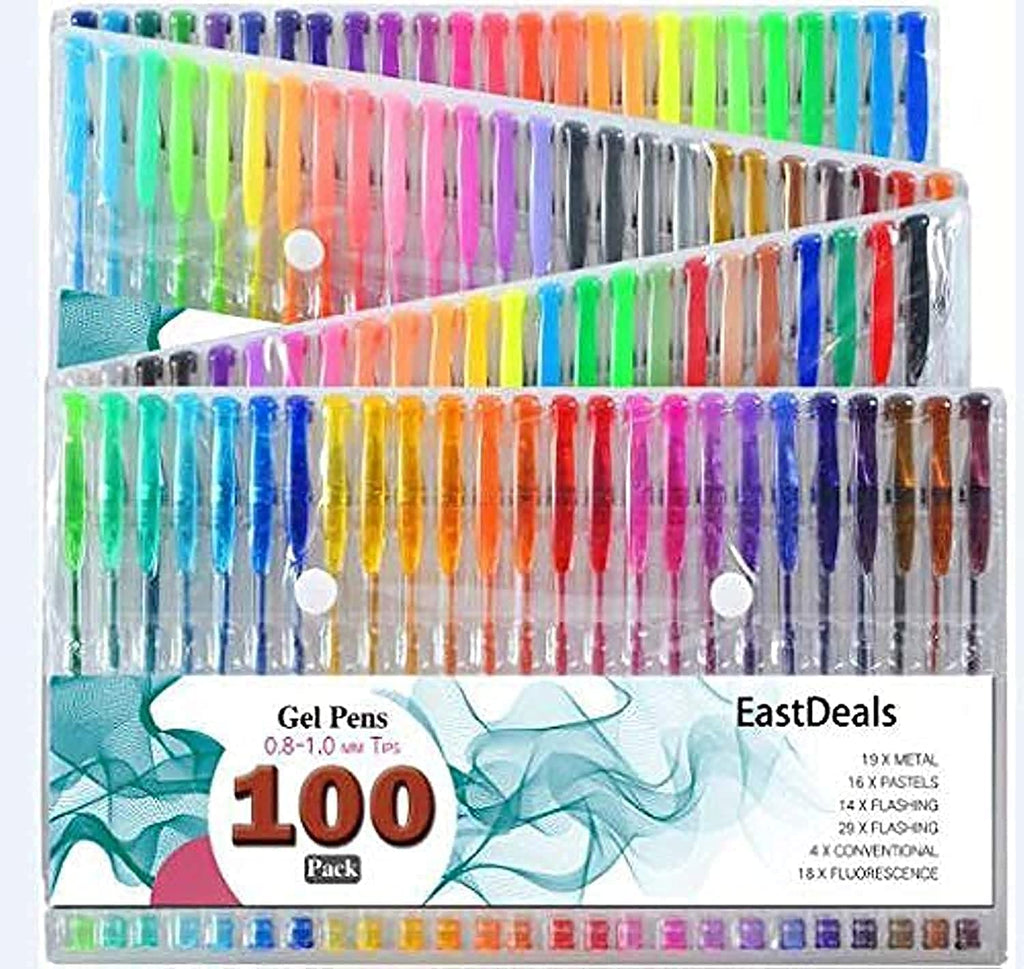 100 Gel Pen Coloring Set - Neon, Fluorescent, Glitter, Metallic, Pastel Gel Pens for Adults - No Duplicates Non Toxic Color Gel Pens