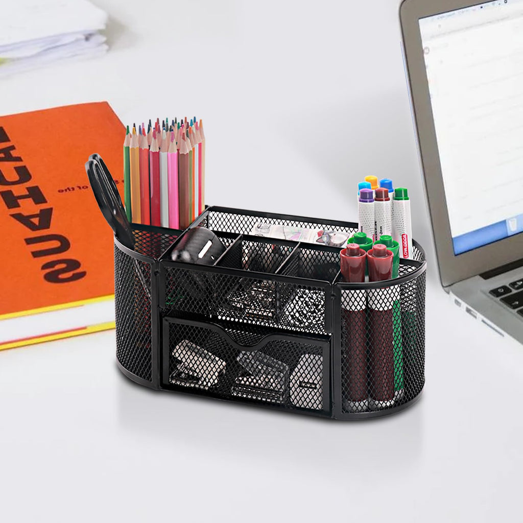 Comix Pen Holder, Mesh Desk Organizers with 8 Compartments and 1 Drawer, Oval Shaped Pencil Holder for Home School Office Supplies