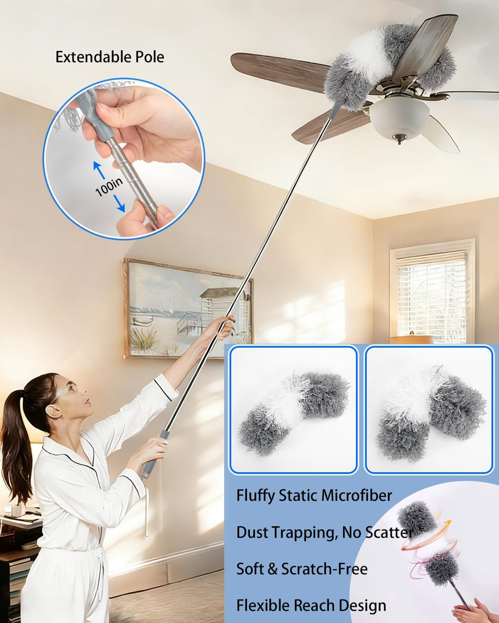 5 PCS Dusters for Cleaning, Extendable Duster Set with 100'' Telescopic Pole, Microfiber Feather Duster, Chenille Duster, Flat Dusting Pads for High Ceilings Fans Blinds, Furniture Cleaning Supplies