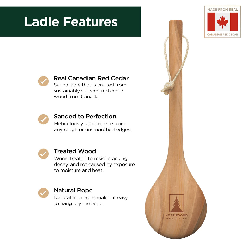 Northwood Sauna - Sauna Ladle - Handmade from Canadian Red Cedar Wood - Natural Rope - 14″ Handle & 100 mL (3.4 oz) Capacity Spoon