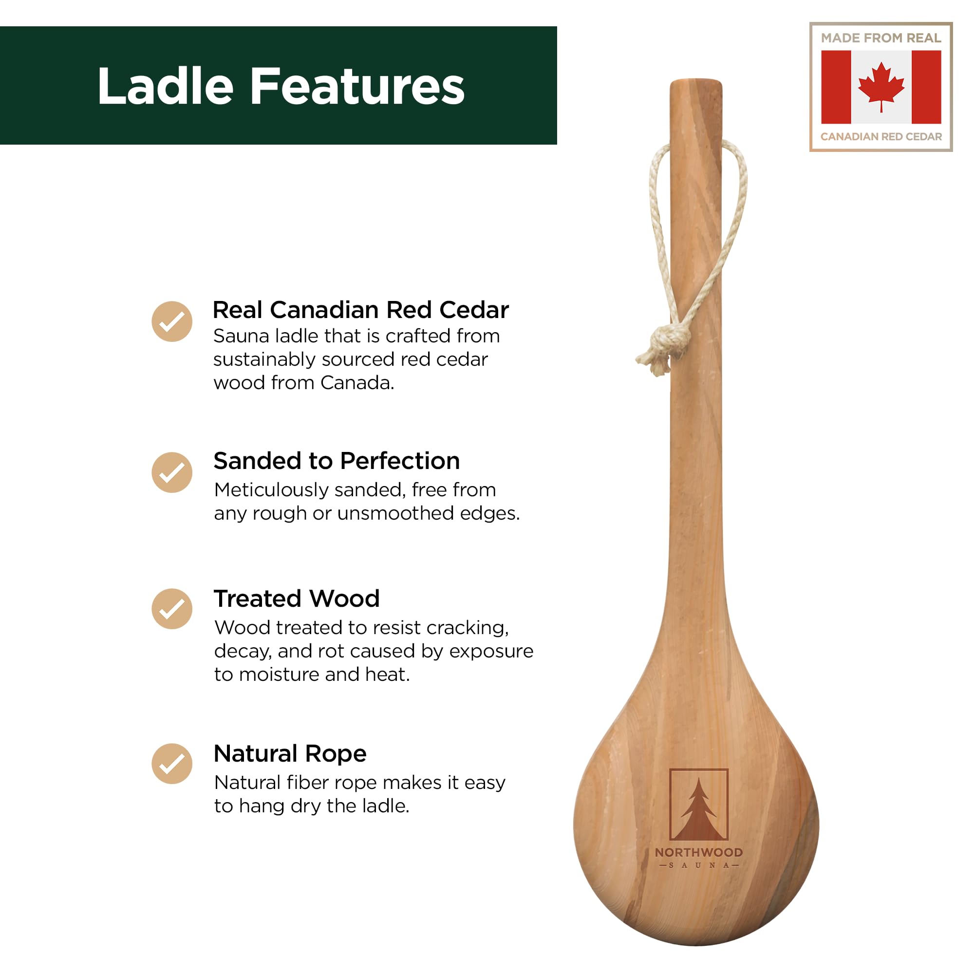 Northwood Sauna - Sauna Ladle - Handmade from Canadian Red Cedar Wood - Natural Rope - 14″ Handle & 100 mL (3.4 oz) Capacity Spoon