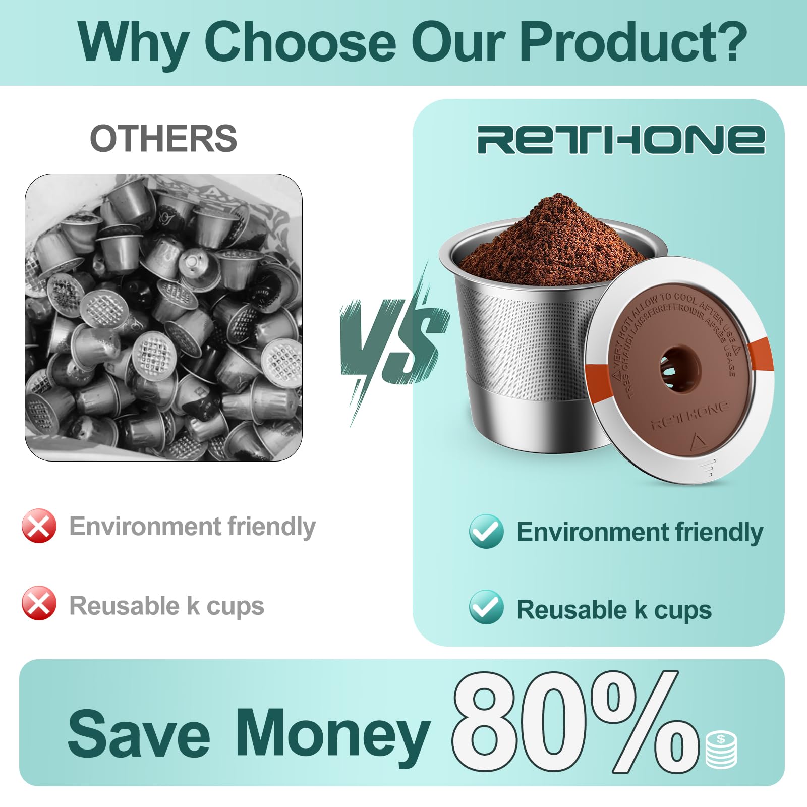 RETHONE K Cup Reusable Coffee Pods, Universal Stainless Steel Reusable K Cups Compatible with Keurig 1.0 & 2.0 Coffee Machines Brewers Refillable K Cups