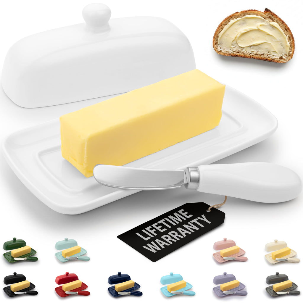 Zulay Porcelain Butter Dish with Lid – White Ceramic Butter Container with Knob Handle – Classic Countertop Butter Holder for 1 Standard Stick – Covered Butter Tray for Western or Eastern Butter