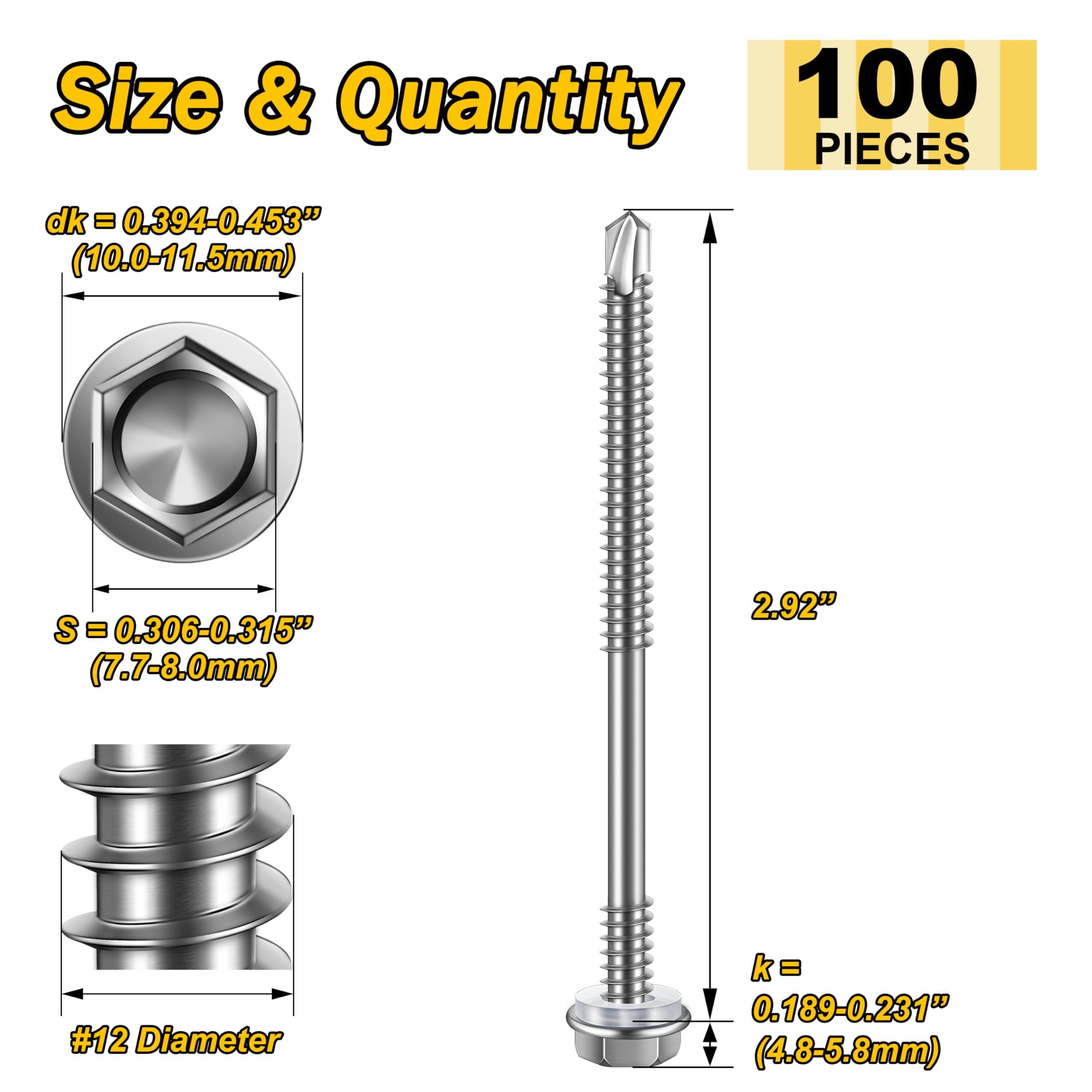 Mywish 100pcs #12×3" Self Drilling Screws for Metal, Self Tapping Screws for Metal 410 Stainless Steel, Hex Washer Head Sheet Metal Tek Screws, High-Strength