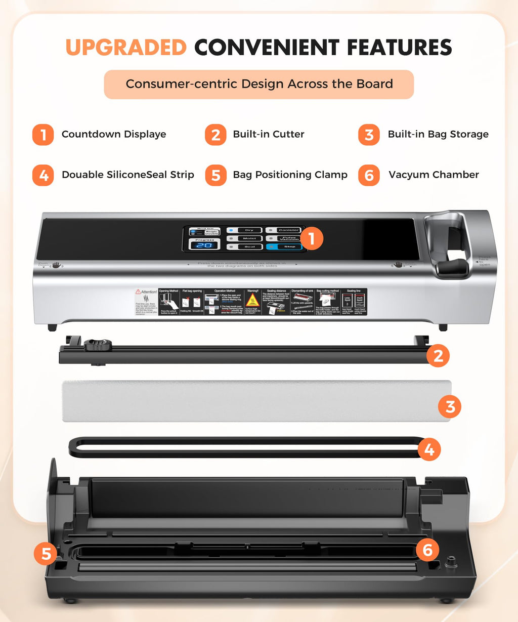 90KPa Portable Vacuum Sealer Machine for Food, One-Touch Open Lid, Detachable & Easy to Clean, Vertical Placement Saves Space, Powerful Suction for Freezer Bags & Food Storage