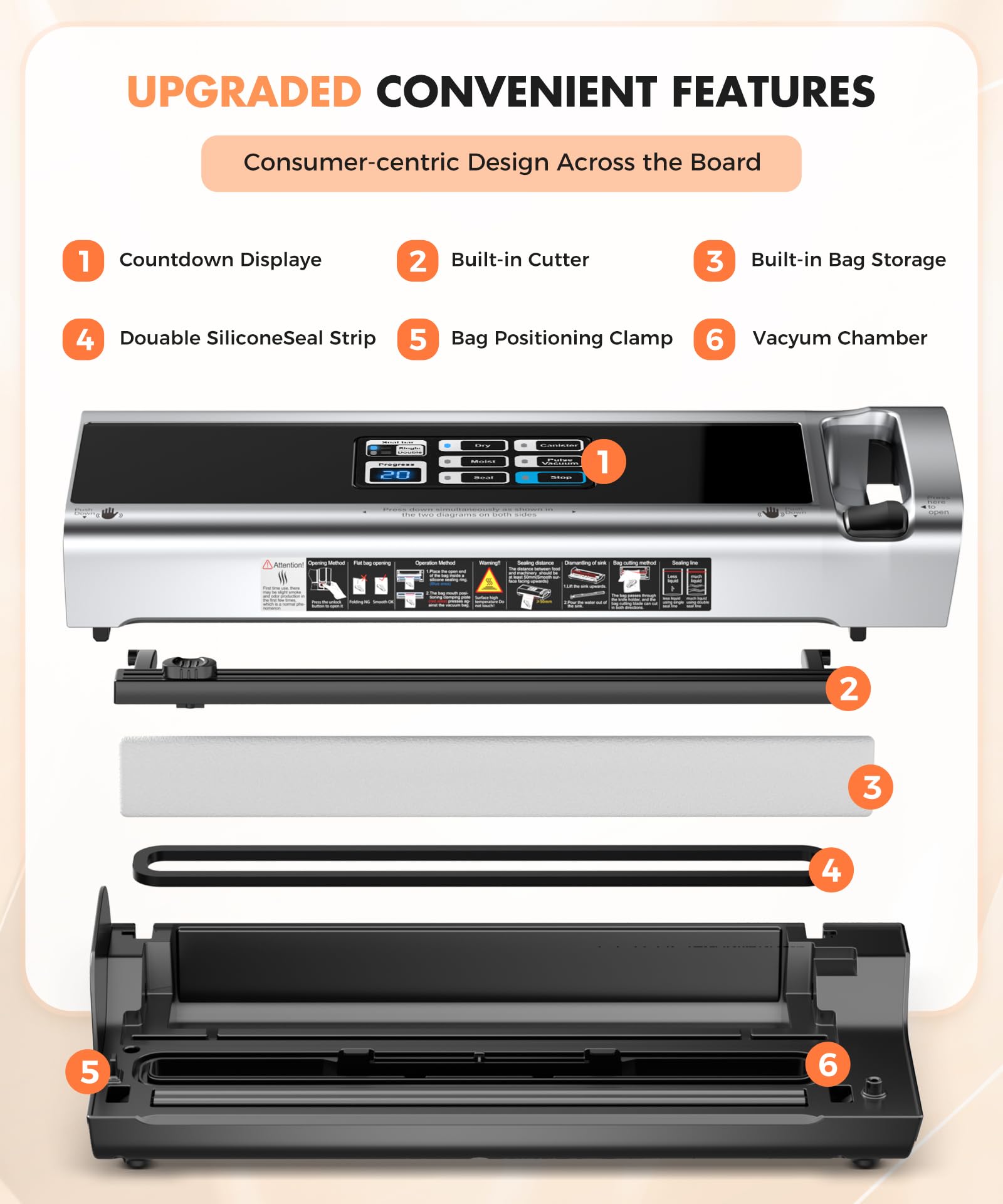 90KPa Portable Vacuum Sealer Machine for Food, One-Touch Open Lid, Detachable & Easy to Clean, Vertical Placement Saves Space, Powerful Suction for Freezer Bags & Food Storage
