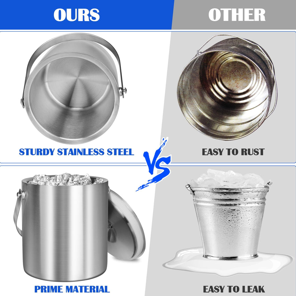 CAOANTRY Ice Bucket with Lid & Tong- Well Made Insulated Stainless Steel Keep Ice Frozen Longer - Ideal for Cocktail Bar, Parties, Chilling Wine, Champagne - 2 Liter (Stainless Steel)