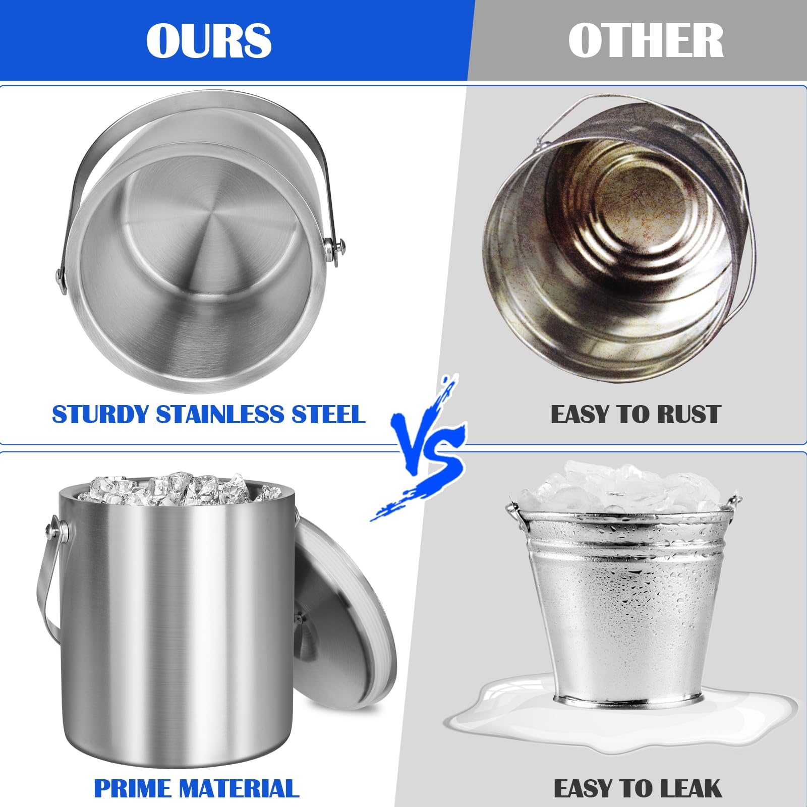 CAOANTRY Ice Bucket with Lid & Tong- Well Made Insulated Stainless Steel Keep Ice Frozen Longer - Ideal for Cocktail Bar, Parties, Chilling Wine, Champagne - 2 Liter (Stainless Steel)