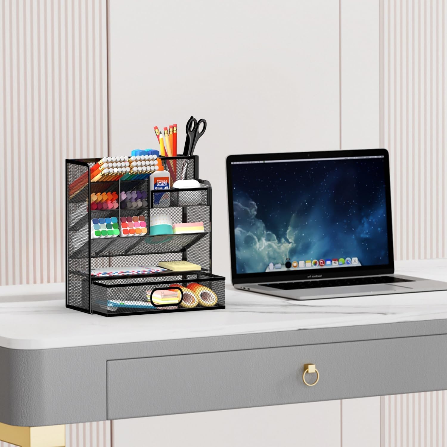 Reeplan Pen Organizer for Desk - Multi-Functional Pencil Holder with Drawer Desk Organizers, Large Capacity Storage for School Office Home Supplies (Black)