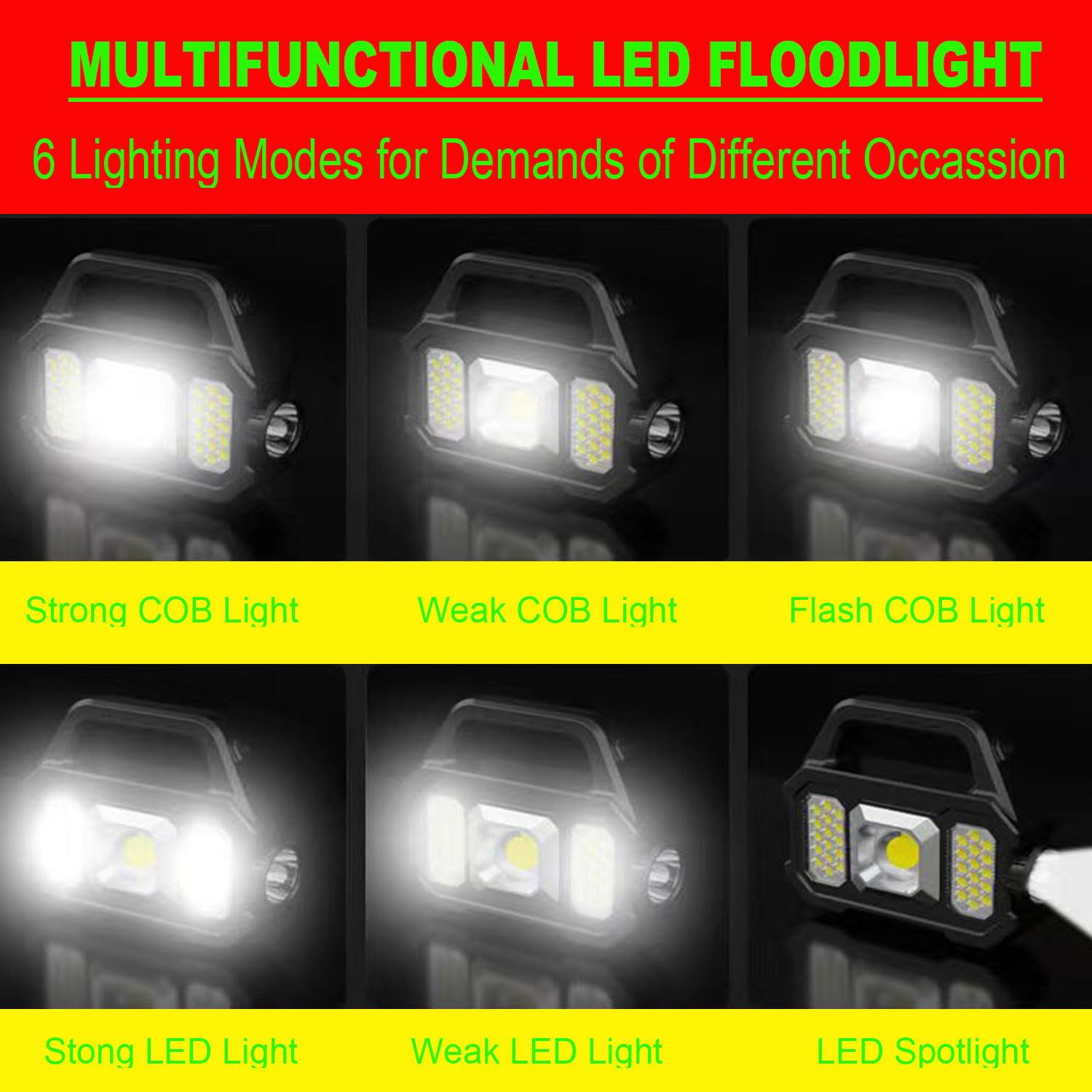 Solar Rechargeable LED Spotlight Flashlight, Super Bright 6000LM Handheld LED Searchlight, Multi-Functional Portable Lamp Camping Lantern Flashlight, 6 Light Modes, IPX4 Waterproof