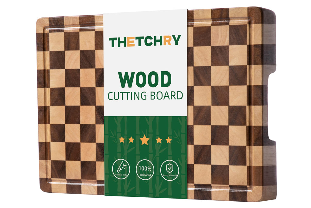 THETCHRY End Grain Cutting Boards for Kitchen, Wooden Cutting Board, Acacia Wood Chopping Board with Juice Groove & Handle, Butcher Block for Meat, Bread & Fruit, 14" L x 11" W x 0.8" Th