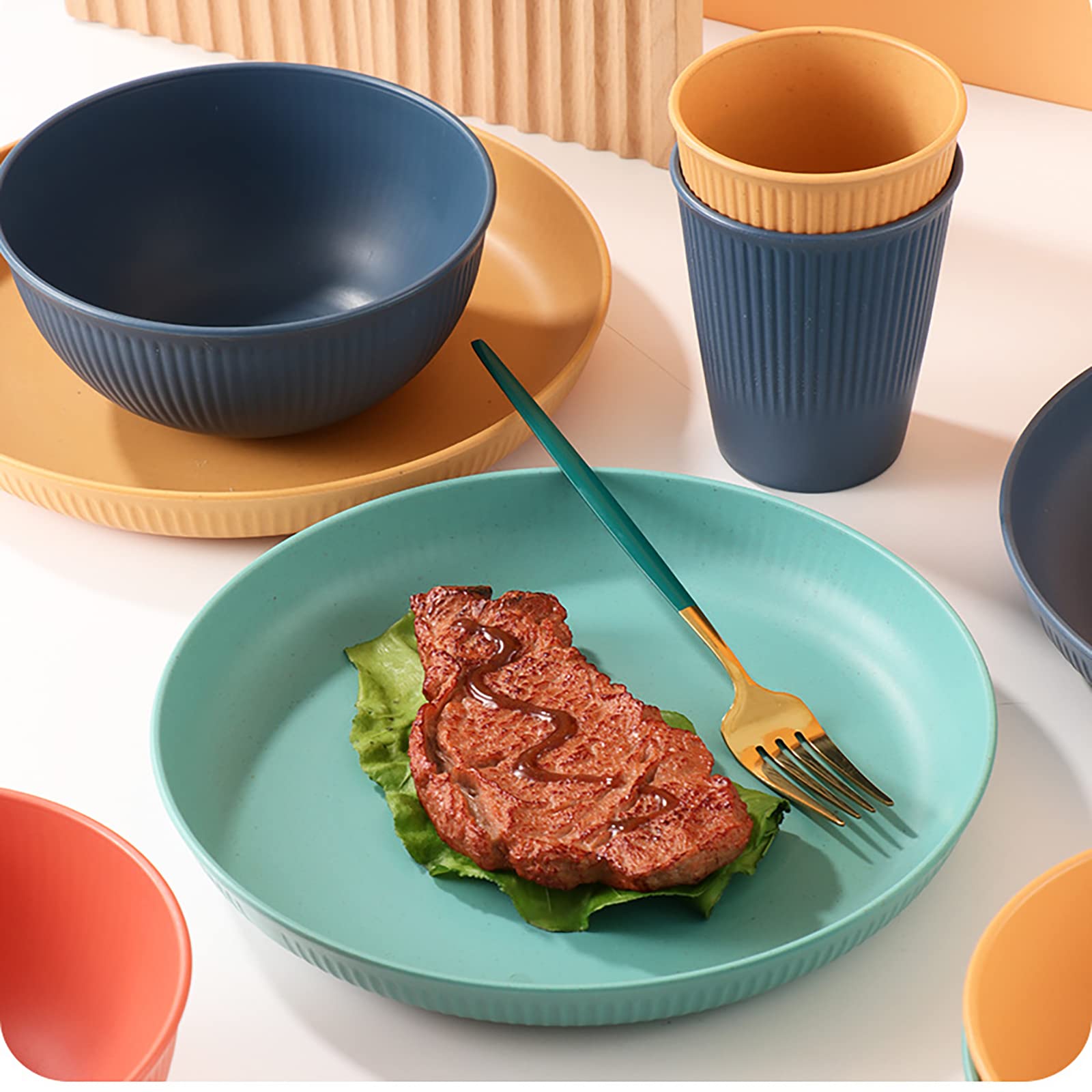 16 Pieces Bowl Set Tablewares, Wheat Straw Plates,Lightweight Degradable Dinner Plates Set,Bowls, Cups, Tablewares Set, Dishwasher Safe Dinnerware Set, Unbreakable Salad Plates