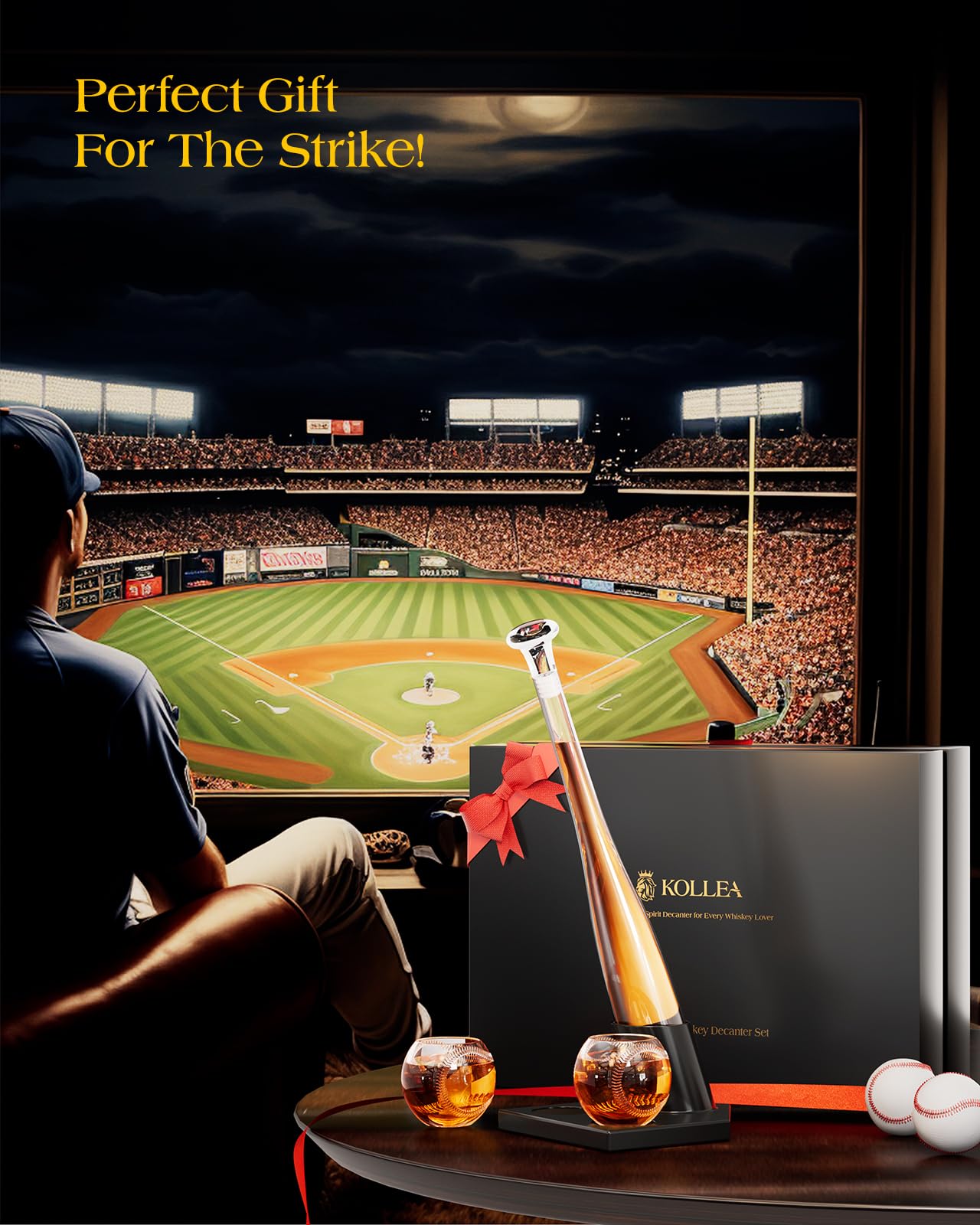 Baseball Gifts for Men, Kollea Whiskey Decanter Sets for Men, 20Oz Baseball Bat Decanter Set with 2 Glasses, Unique Christmas Birthday Gift for Men Him Brother Guys Boyfriend Coach, for Liquor Tequila