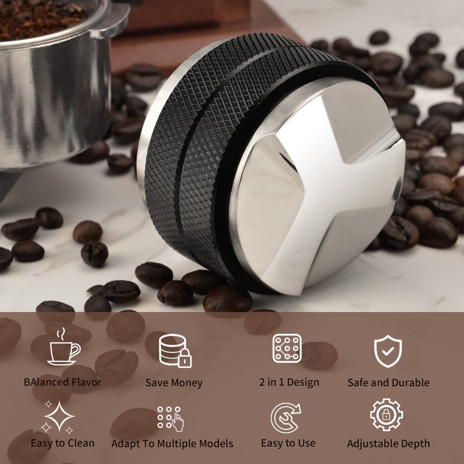 51mm Espresso Tamper, Coffee Distributor Adjustable Height, Coffee Leveler Fits with Two-in-one Double-Head and Flat-Bottom Three Leaf for Macaroons Espresso Coffee