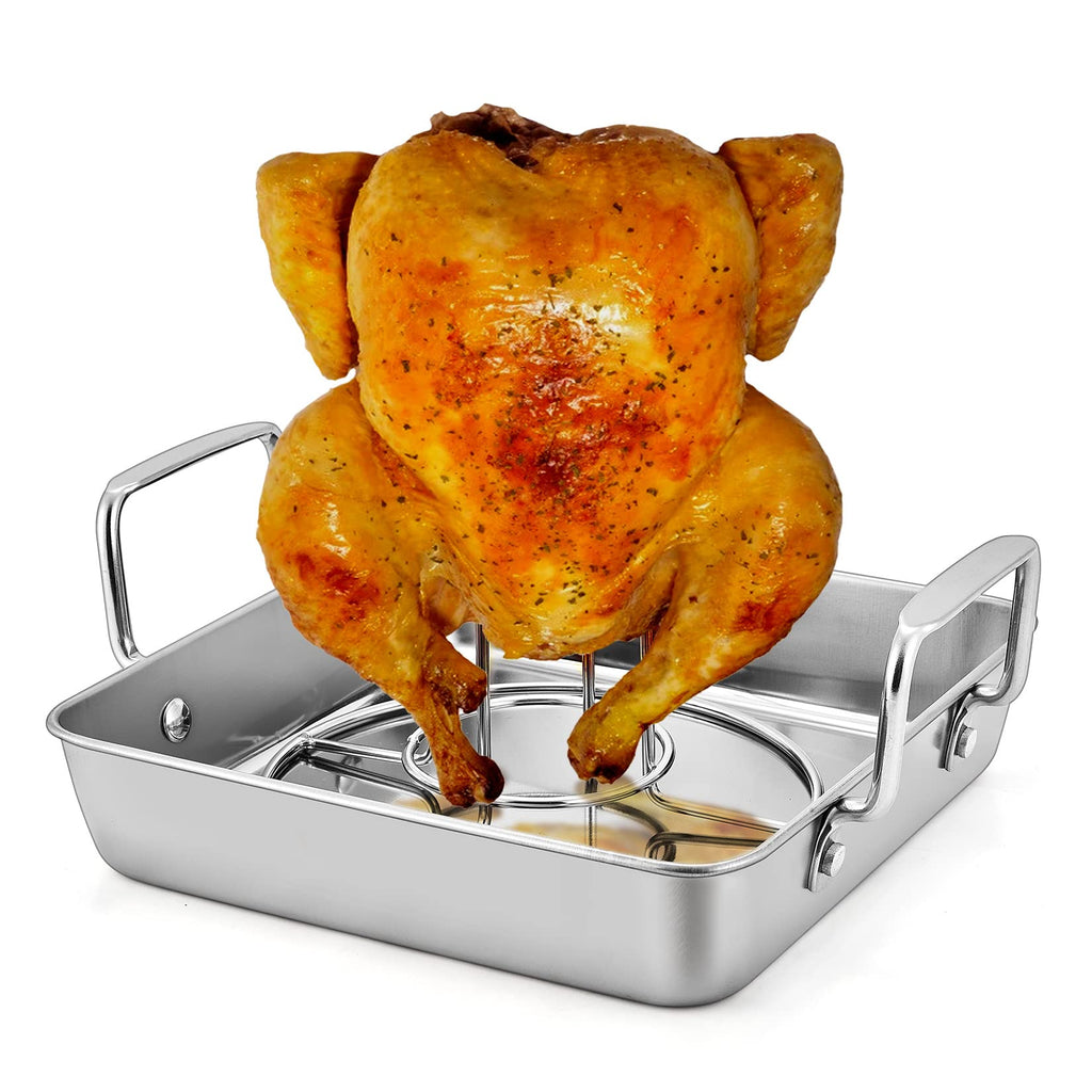 Roasting Pan with Rack, P&P CHEF Beer Can Chicken Roaster 9-inch Stainless Steel Baking pan with Vertical Rack, for Baking Grilling Smoker, Rivet Handle & Thick Wire, Heavy Duty & Dishwasher Safe