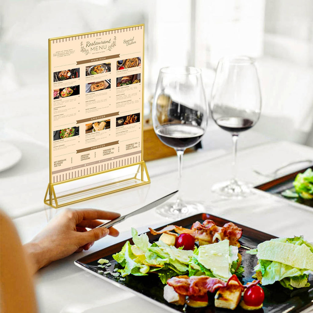 6 Pack Acrylic Gold Sign Holder, 5 x 7 Inch Clear Double Sided Picture Frame, Table Menu Display Stand Flyer Holder for Table Numbers, Photos, Restaurant, Wedding, Office (5 x 7 Inch)