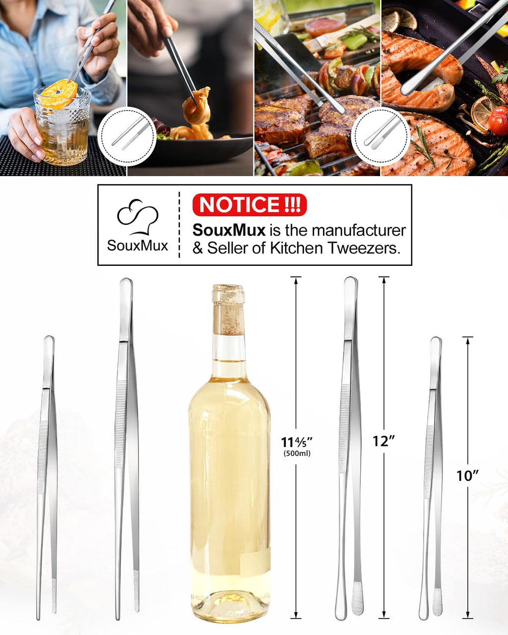 2 Pcs 10-inch Cooking Tweezers Tongs Precision Serrated Tips, Stainless Steel Professional Chef Tweezer Kitchen Tools for BBQ, Plating and Serving