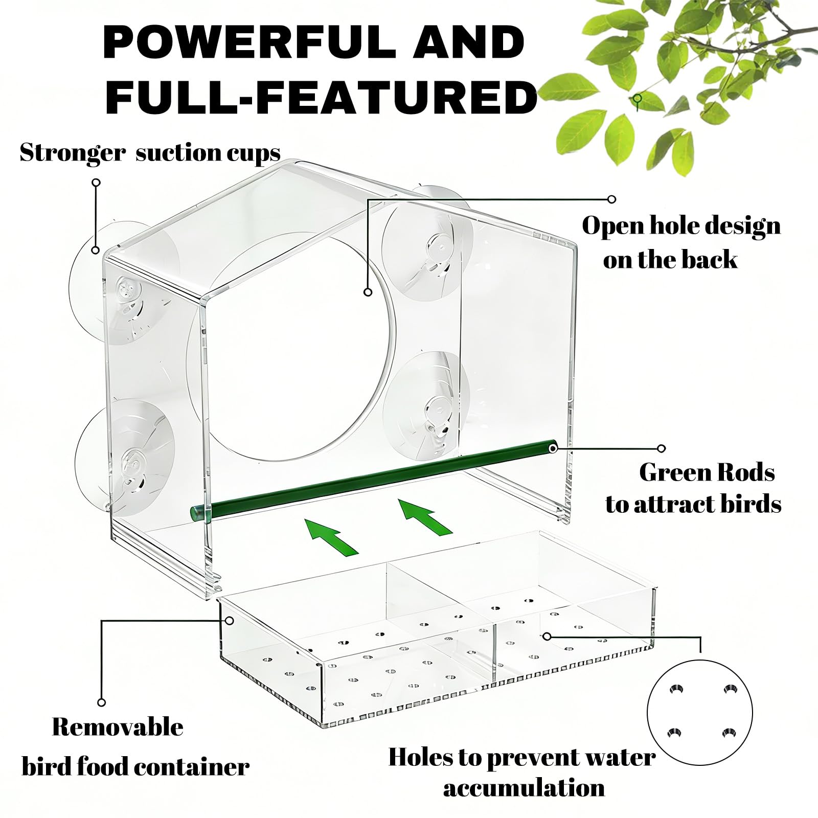 Window Bird-Feeder with 4-Strong Suction-Cups - Large Clear Acrylic Bird House for Outside Wild Birds - Removable Tray & Drain Holes - Up Close Viewing for Cats, Elderly (Color002)