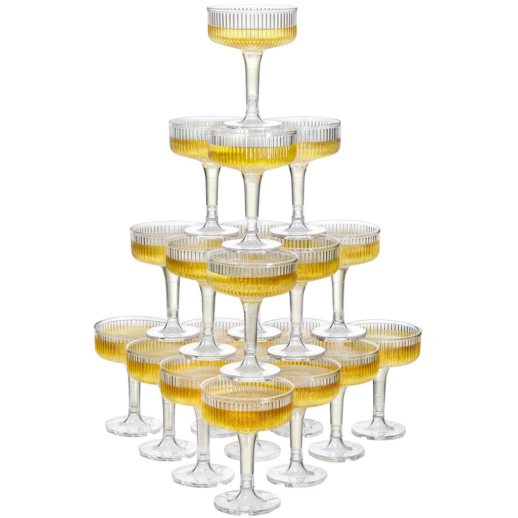 Houmury 20 Pcs 7oz Plastic Champagne Glasses Unbreakable Plastic Martini Glasses Flutes Reusable Clear Acrylic Coupe Drinkware for Wedding Birthday Party (20, Clear)