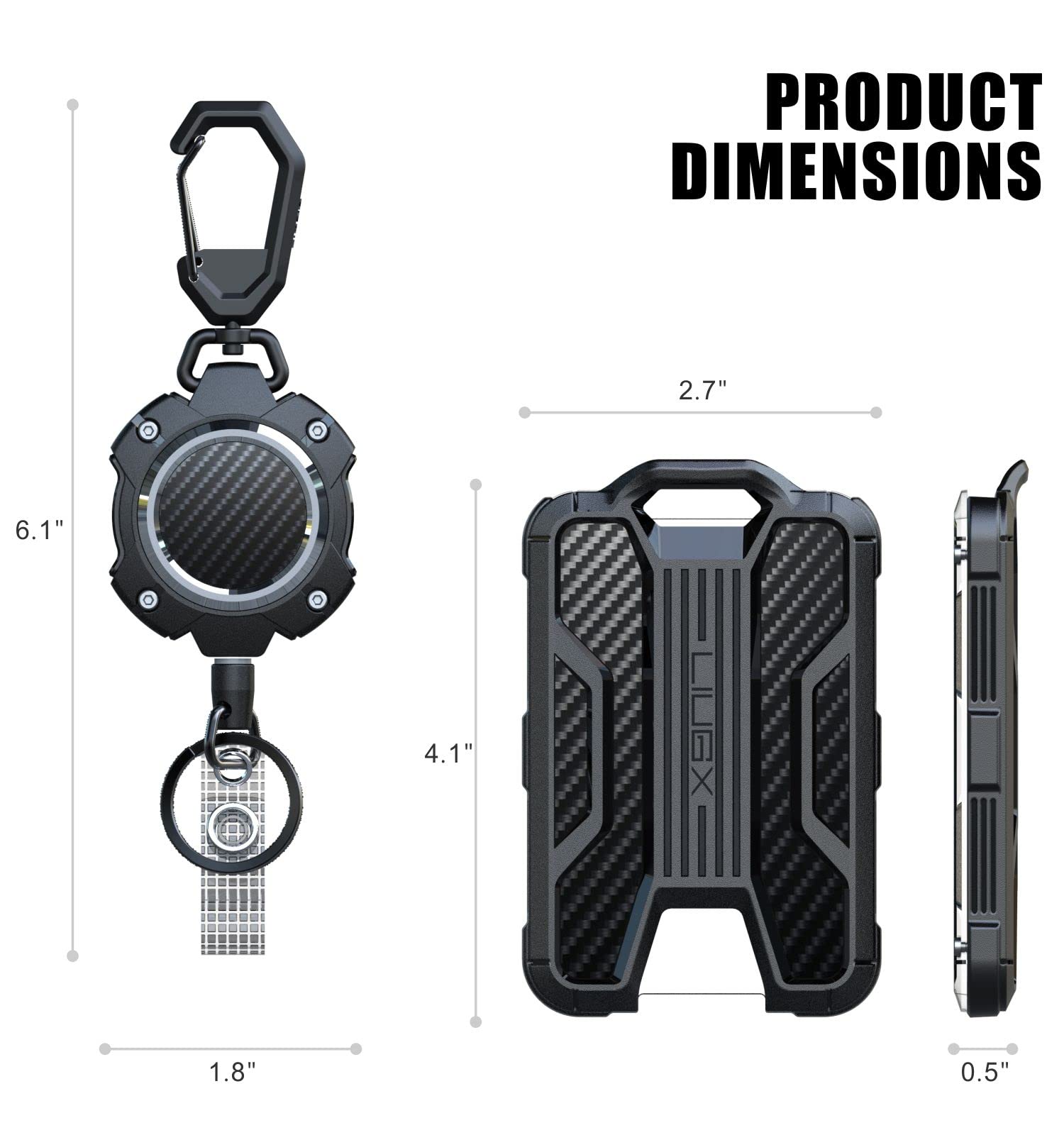 LIUGX Retractable Badge Holders, Heavy Duty Carabiner Keychain,Durable ID Card Holder (Holds 4 Cards), Carbon Fiber-Texture, with 31.5”Badge Reel Key Chain, 10,000+ Rebound, Silver-Black