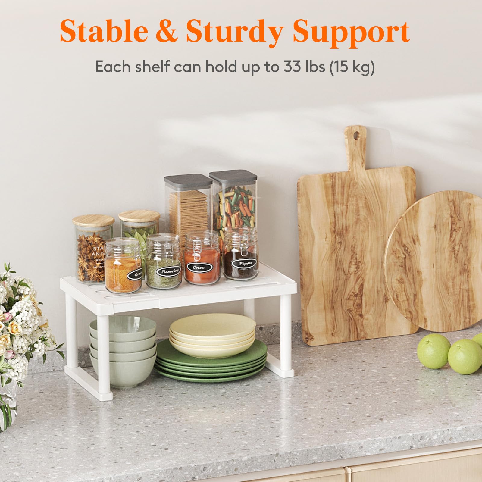 Lifewit Cabinet Shelf Organizer, Expandable From 11.8 to 15.7 inches, Countertop Kitchen Shelves, Plastic Shelf Riser for Pantry Kitchen Storage and Spice Rack, Set of 2, White