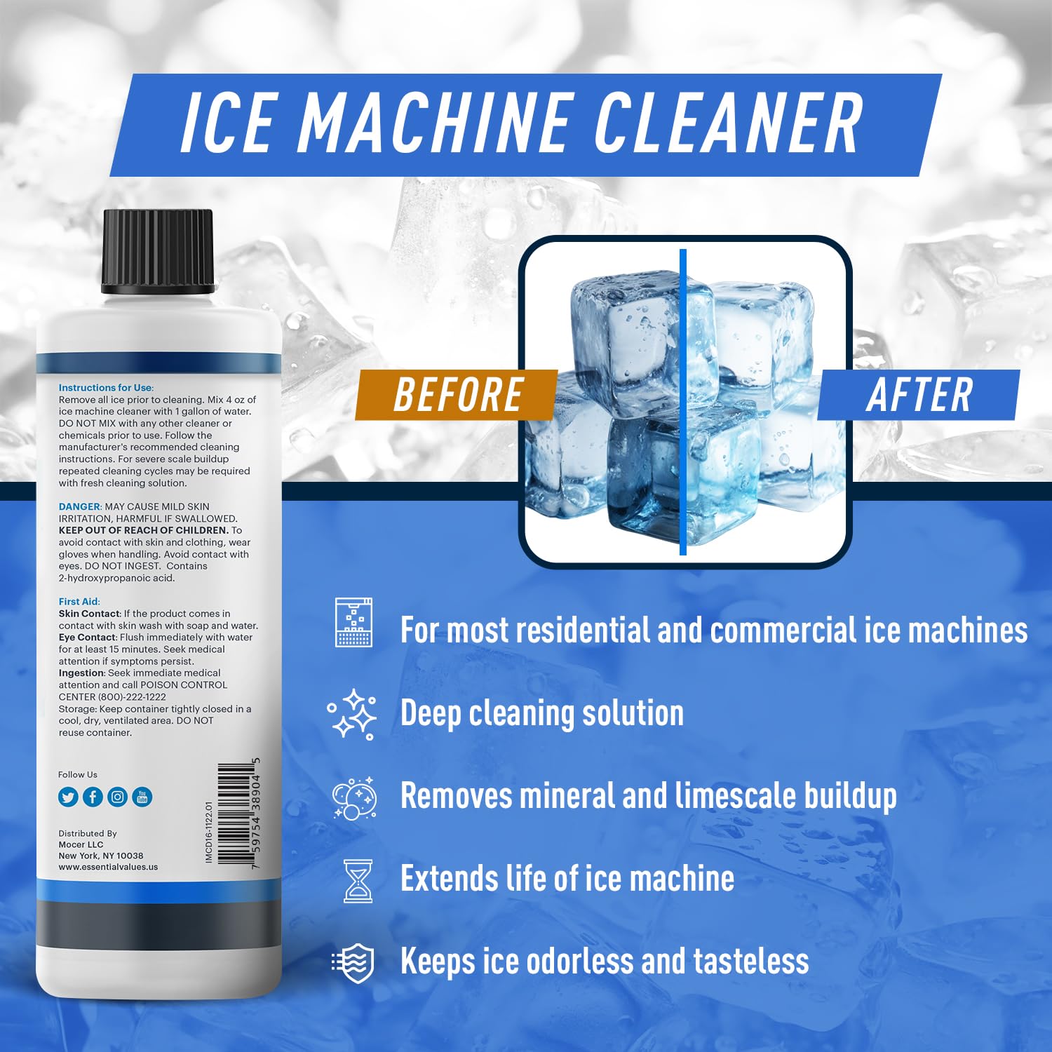 Essential Values 2-Pack Ice Machine Cleaner and Descaler 16 fl oz, Nickel Safe Descaler | Ice Maker Cleaner Compatible with All Major Brands (Scotsman, KitchenAid) Manufactured in USA