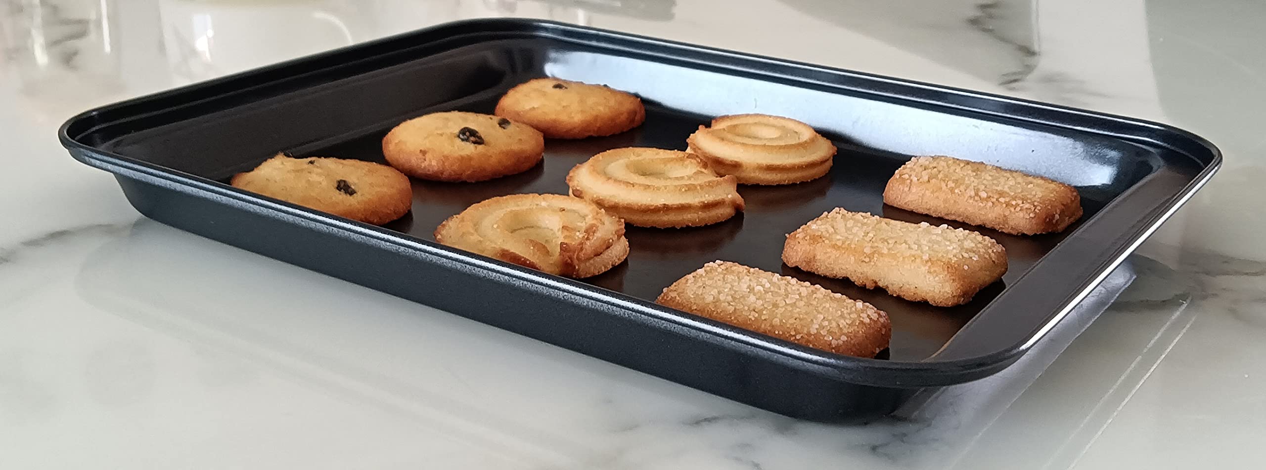 HYTK Small Baking Sheet Nonstick 9.45 X 7.09 Inch (Inner 7.5x6), 8 Inch Mini Cookie Tray Toaster Conventional Oven Pan No Warp No Rust Magnetic Bakeware for 1 to 2 person 2 Pack