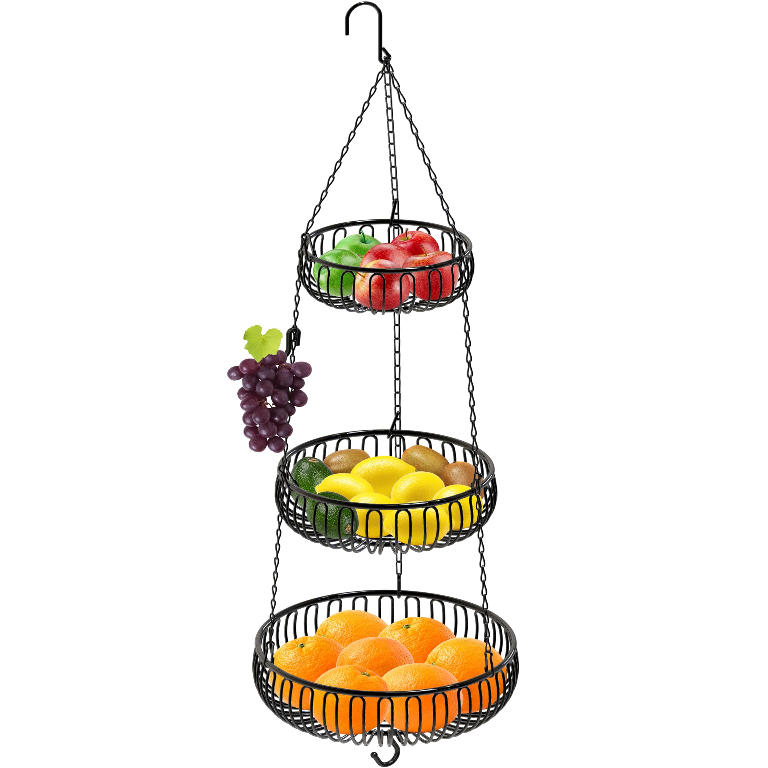 Simple Houseware 3-Tie Hanging Fruit Basket, Oblate, Black